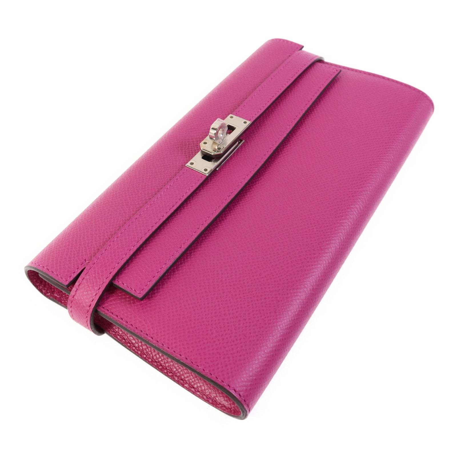 HERMES Epsom皮革Kelly Wallet銀扣長錢包Rose Purple