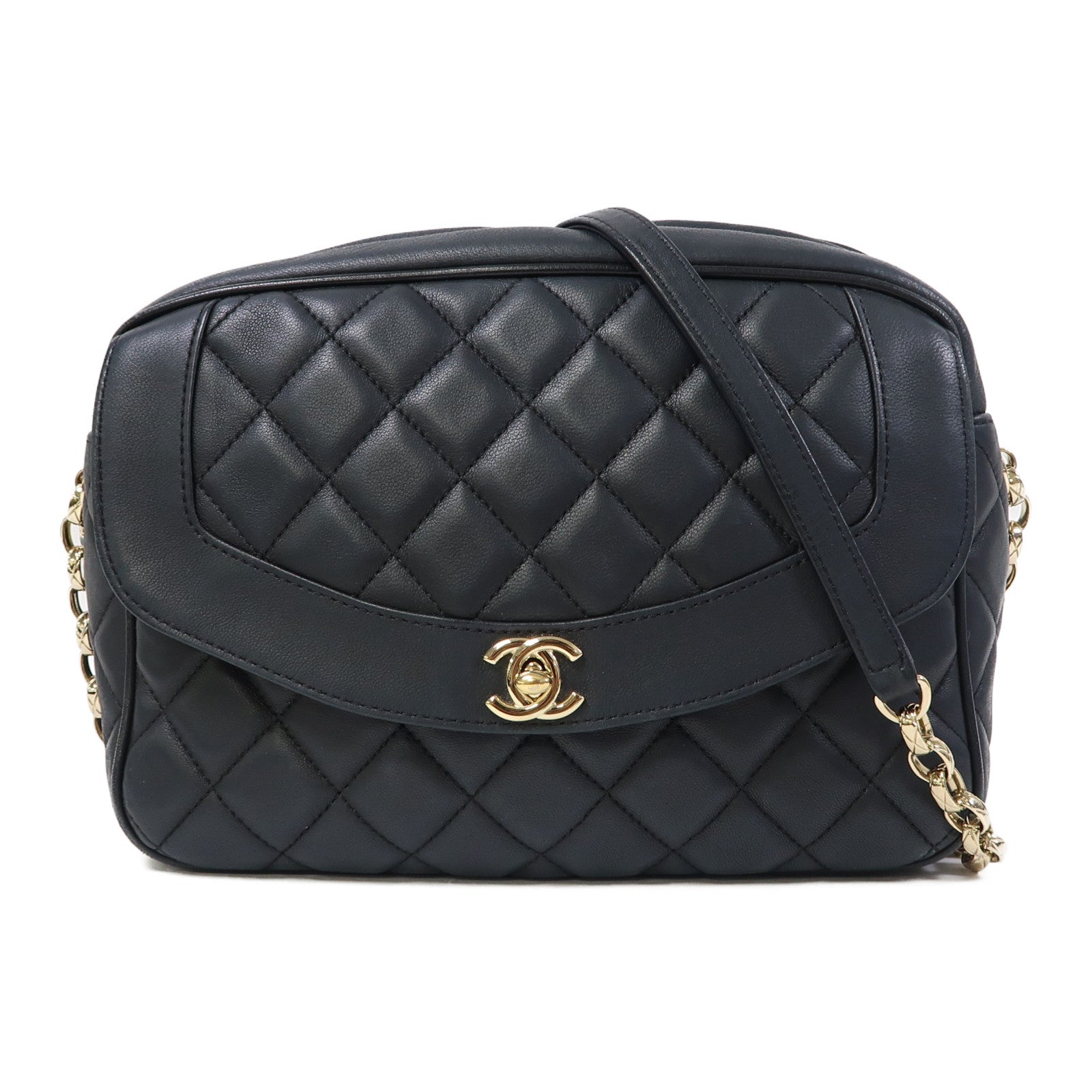 CHANEL 菱格牛皮皮革Chain Shoulder金扣鏈帶肩背袋黑色