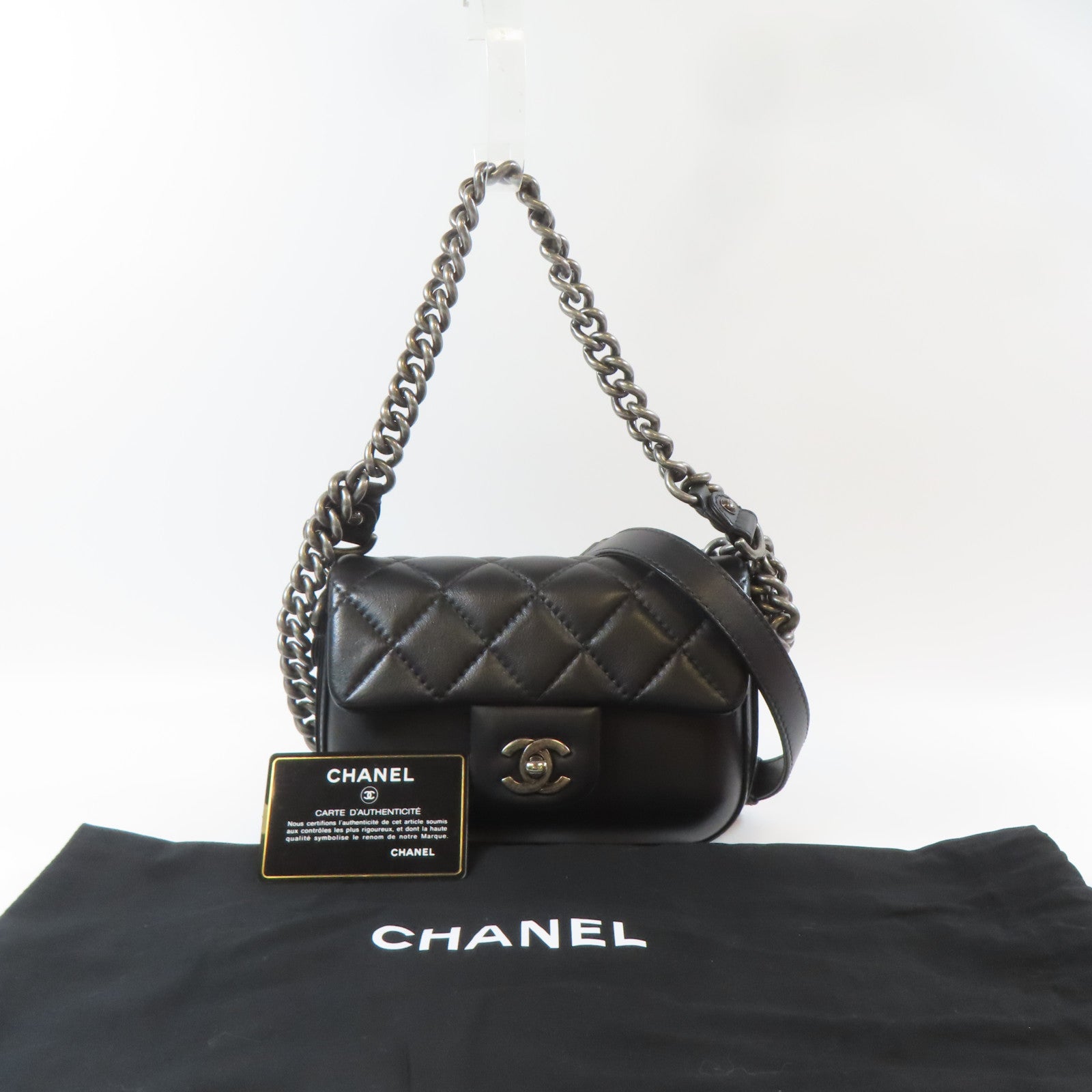 CHANEL 【激減優惠】菱格牛皮皮革2 Way Chain Shoulder Bag銀扣鏈帶手挽肩背兩用袋黑色