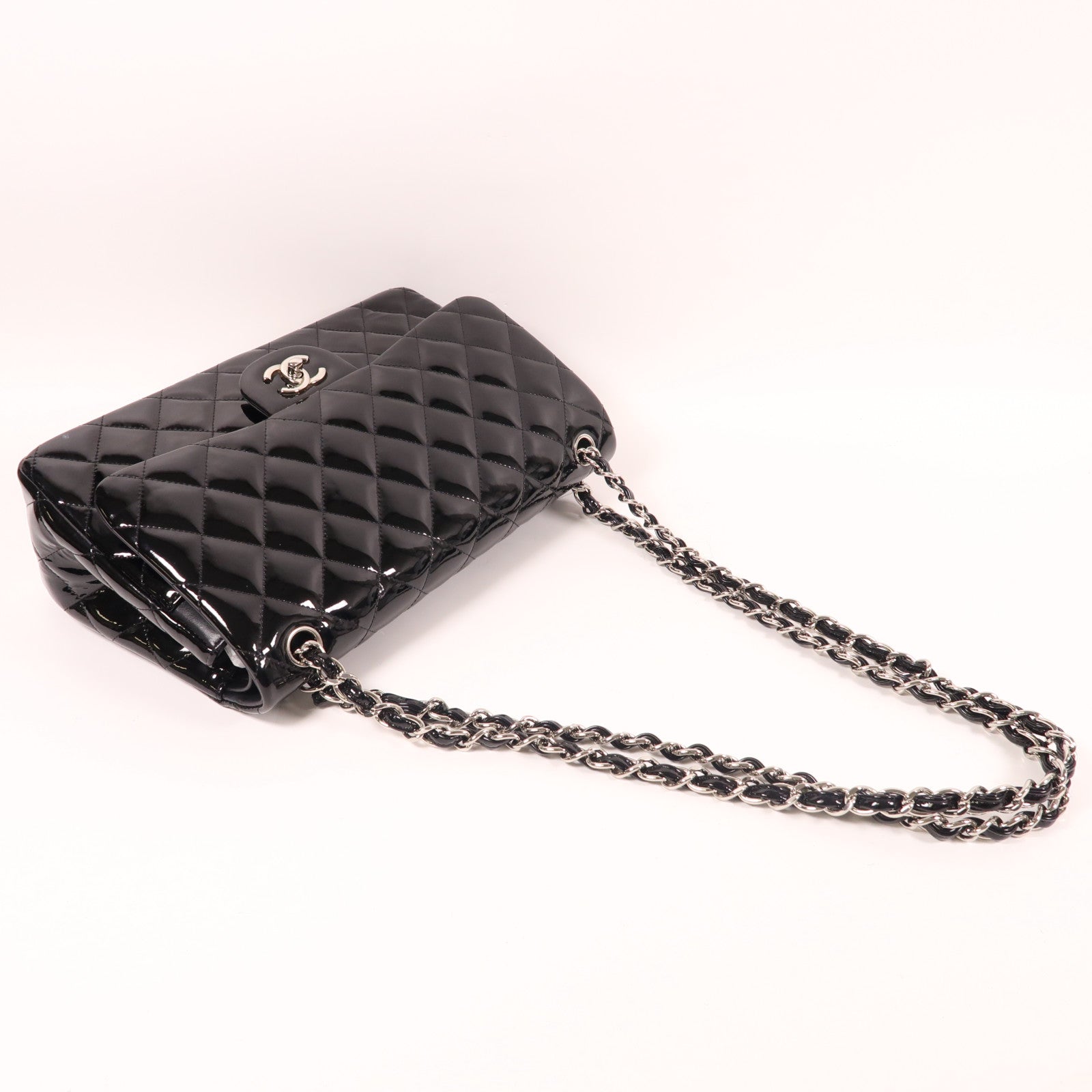 CHANEL 漆皮皮革Large Classic銀扣肩背袋黑色