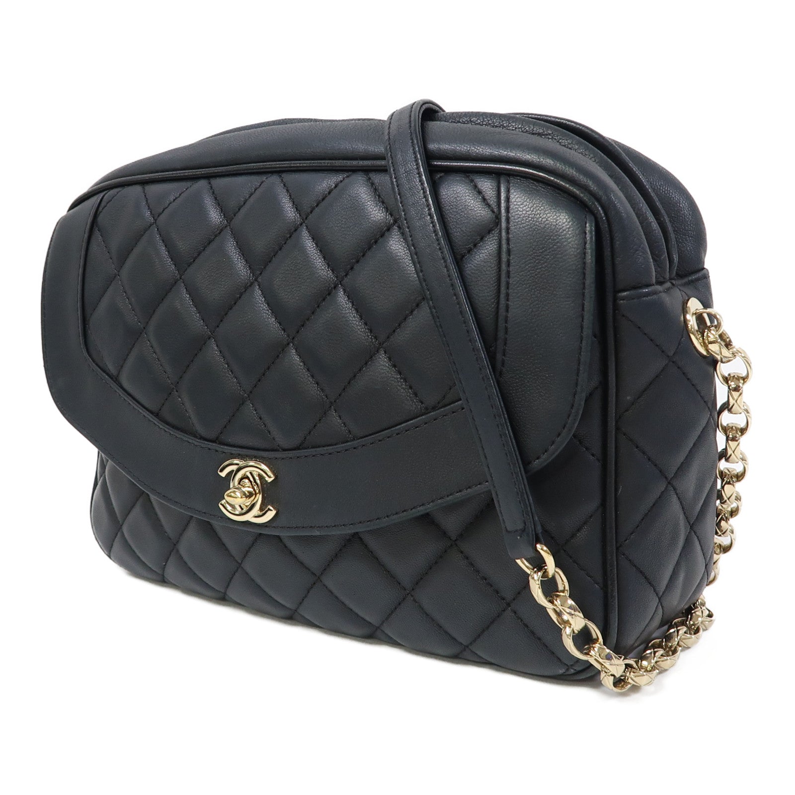CHANEL 菱格牛皮皮革Chain Shoulder金扣鏈帶肩背袋黑色