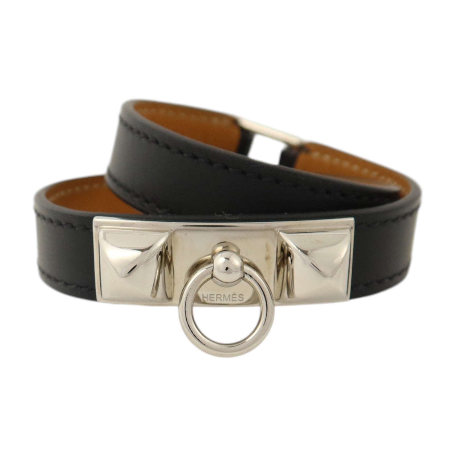 HERMES Swift皮革Rivale Double Tour銀扣手鏈Noir