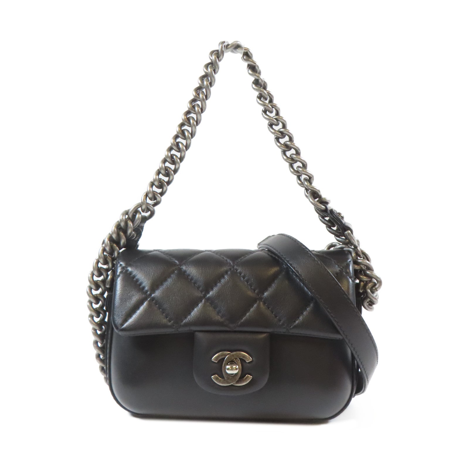 CHANEL 【激減優惠】菱格牛皮皮革2 Way Chain Shoulder Bag銀扣鏈帶手挽肩背兩用袋黑色