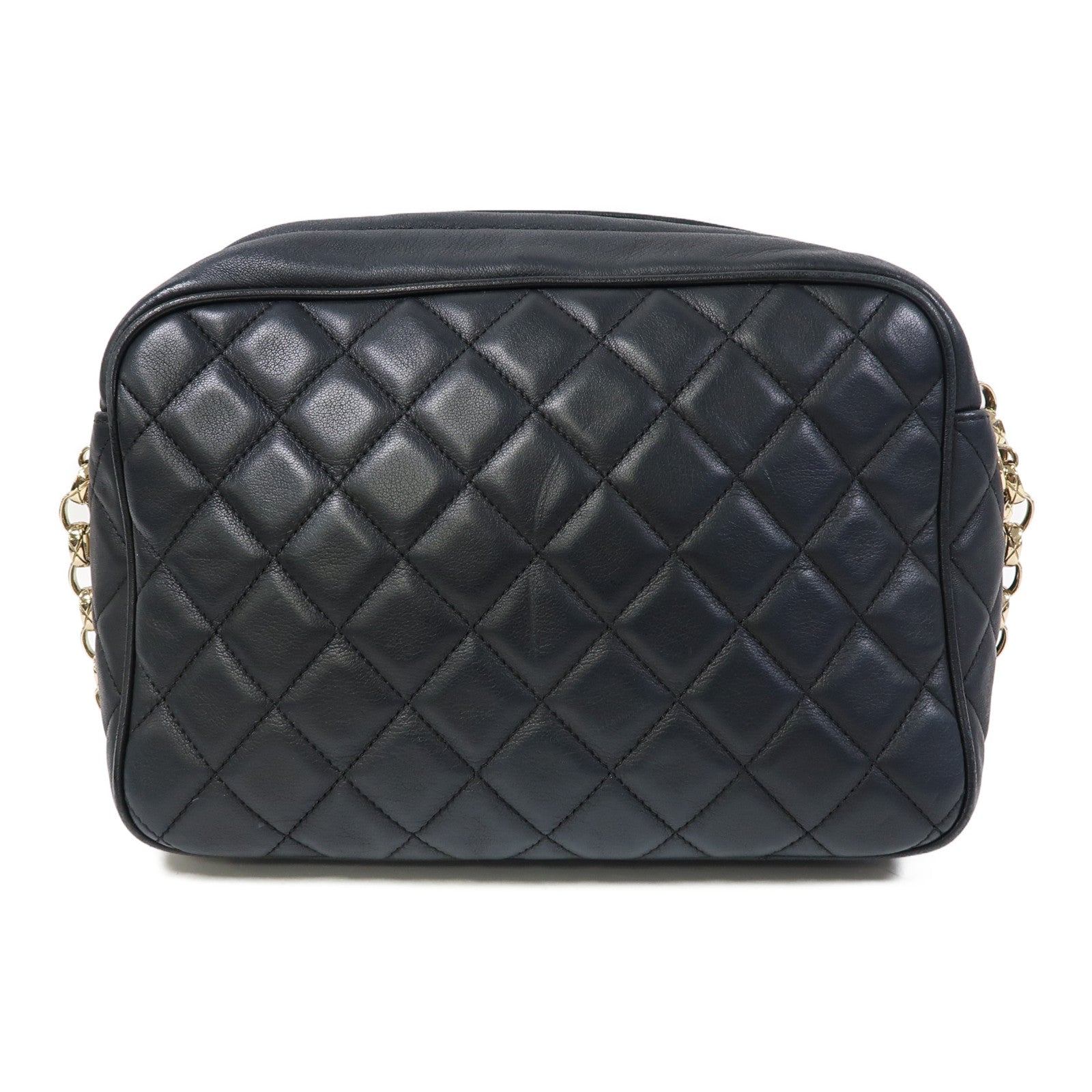 CHANEL 菱格牛皮皮革Chain Shoulder金扣鏈帶肩背袋黑色