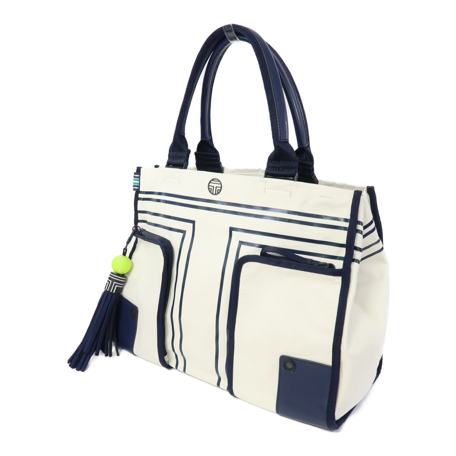 Tory Burch 塗層帆布Tote Bag銀扣手挽袋白色/藍色
