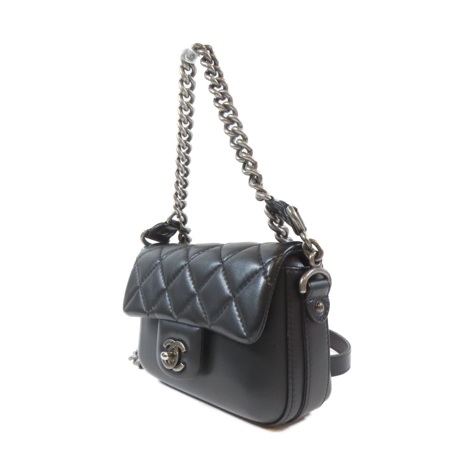 CHANEL 【激減優惠】菱格牛皮皮革2 Way Chain Shoulder Bag銀扣鏈帶手挽肩背兩用袋黑色