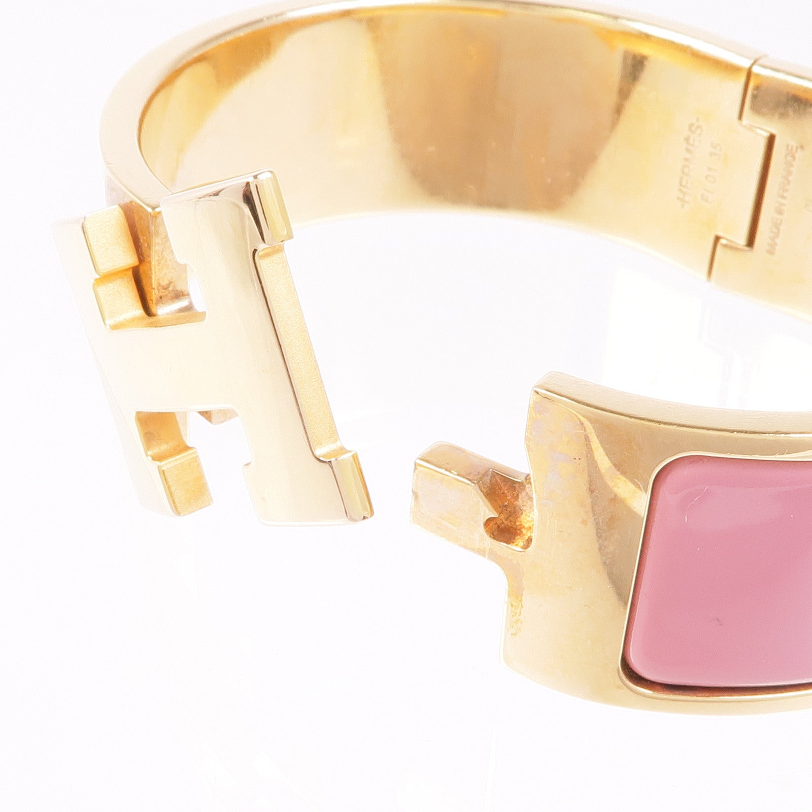 HERMES Clic Clac H Bracelet Enamel Metal Gold Pink