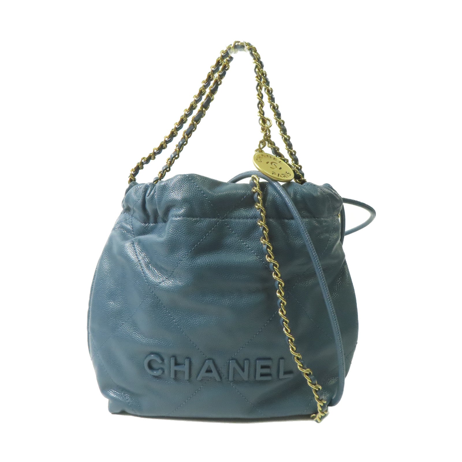 CHANEL 牛皮皮革Chanel 22 Mini金扣手挽肩背兩用袋藍色