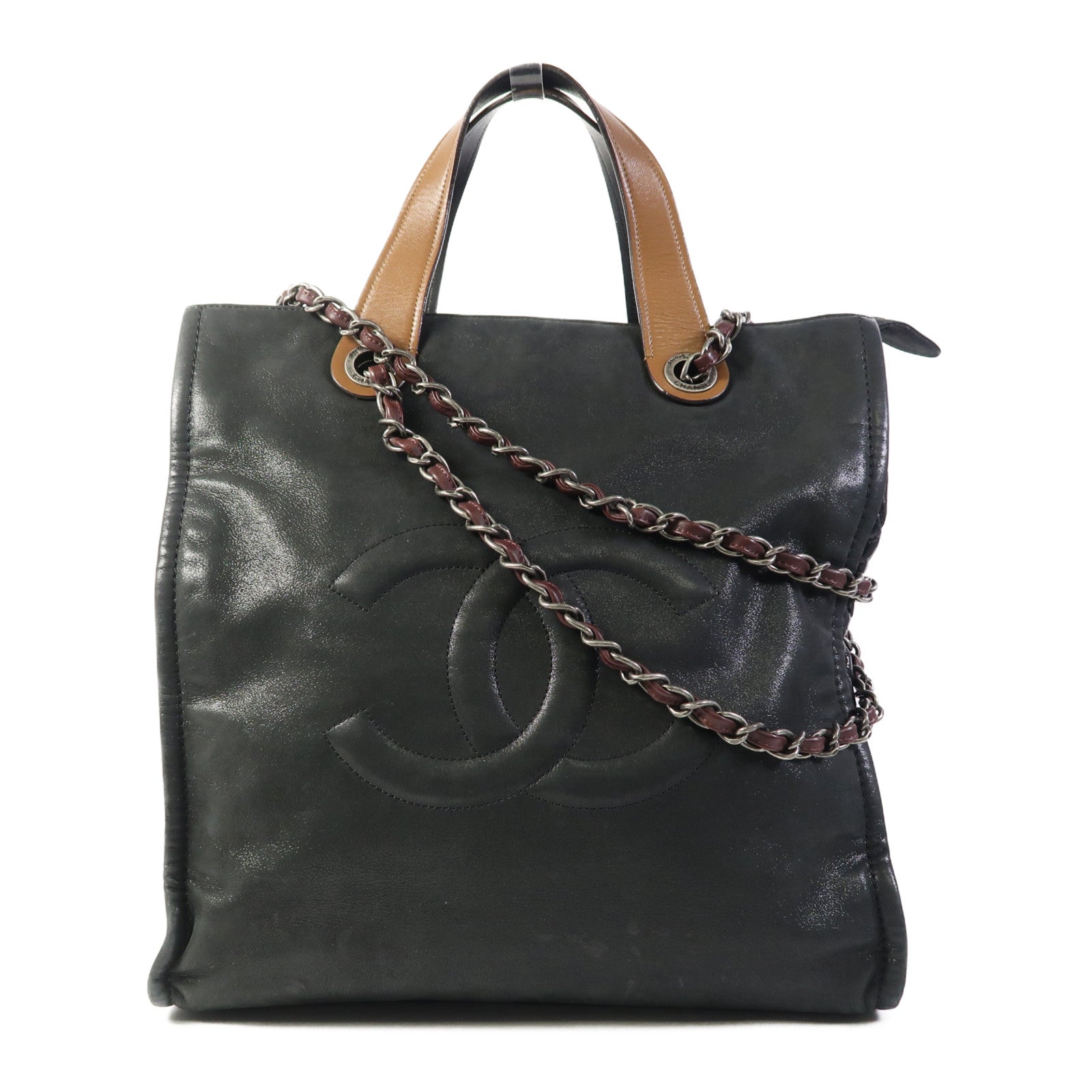 CHANEL 牛皮皮革Totebag銀扣鏈帶手挽肩背兩用袋