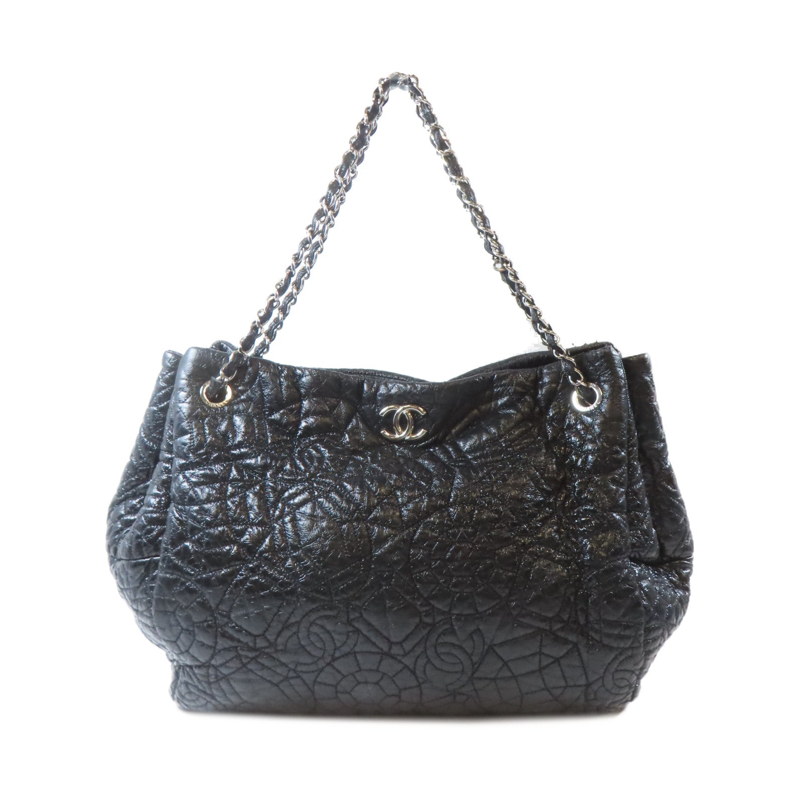 CHANEL 【激減優惠】塗層帆布Chain Shoulder Bag銀扣鏈帶肩背袋黑色