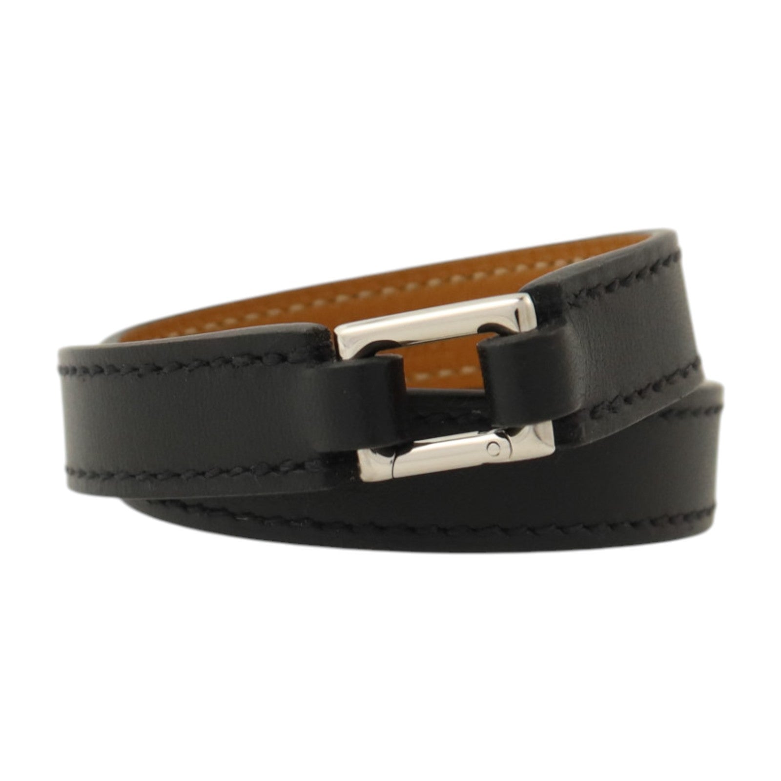 HERMES Swift皮革Rivale Double Tour銀扣手鏈Noir