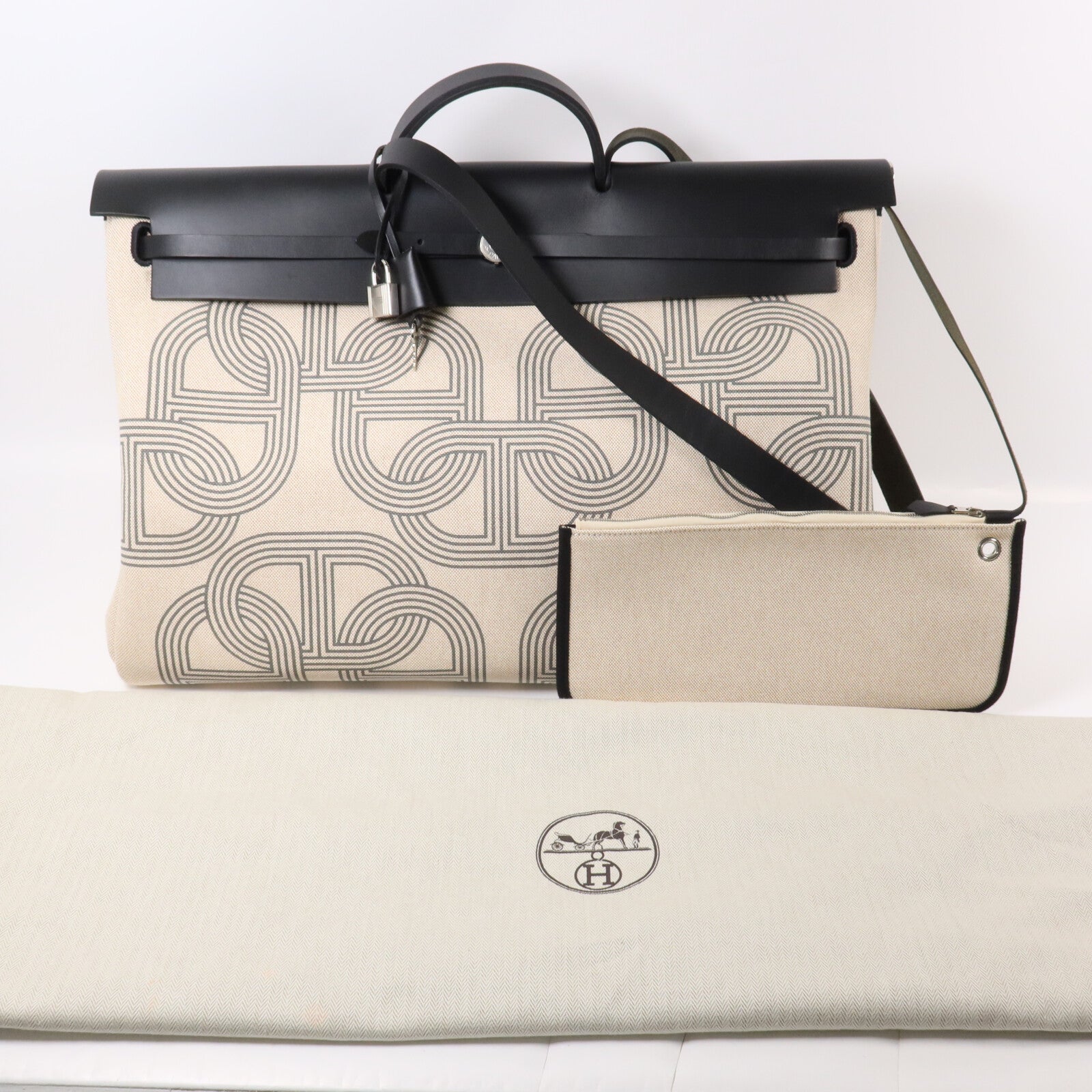 HERMES 帆布/Hunter皮革Herbag Cabine Bag手挽肩背兩用袋Ecru/Noir