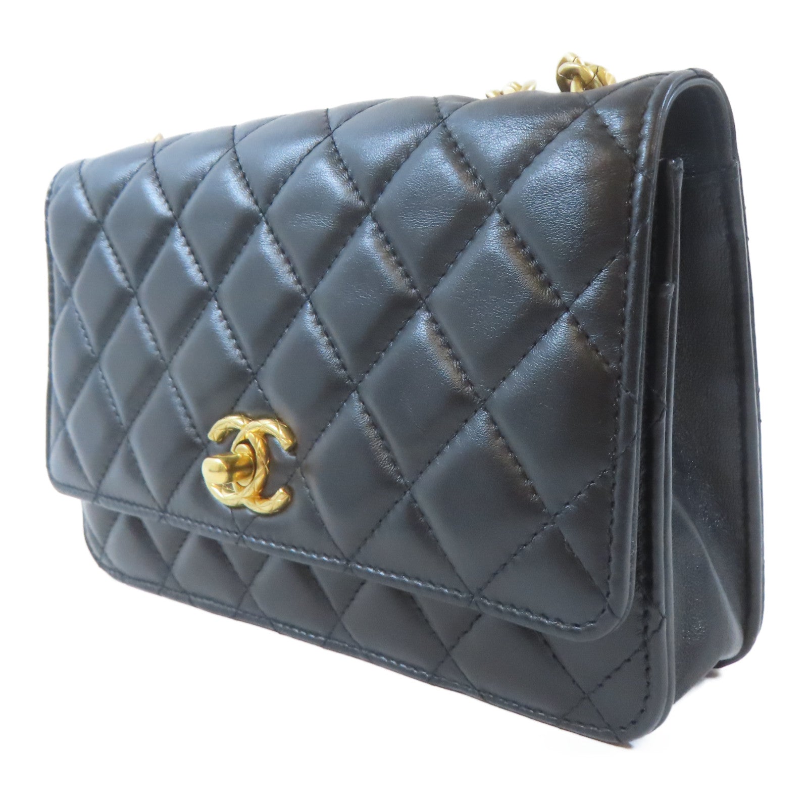 CHANEL 菱格羊皮皮革WOC Wallet On Chain金扣鏈帶肩背袋黑色