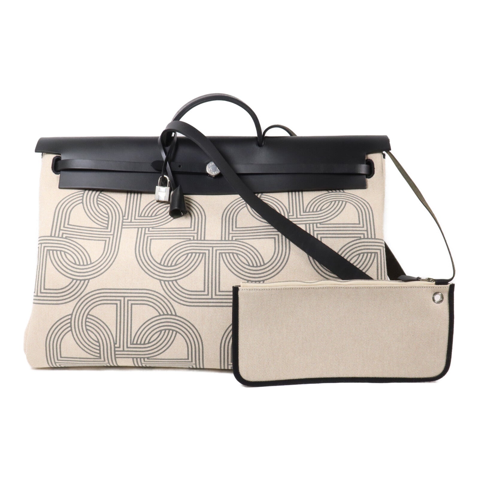 HERMES 帆布/Hunter皮革Herbag Cabine Bag手挽肩背兩用袋Ecru/Noir