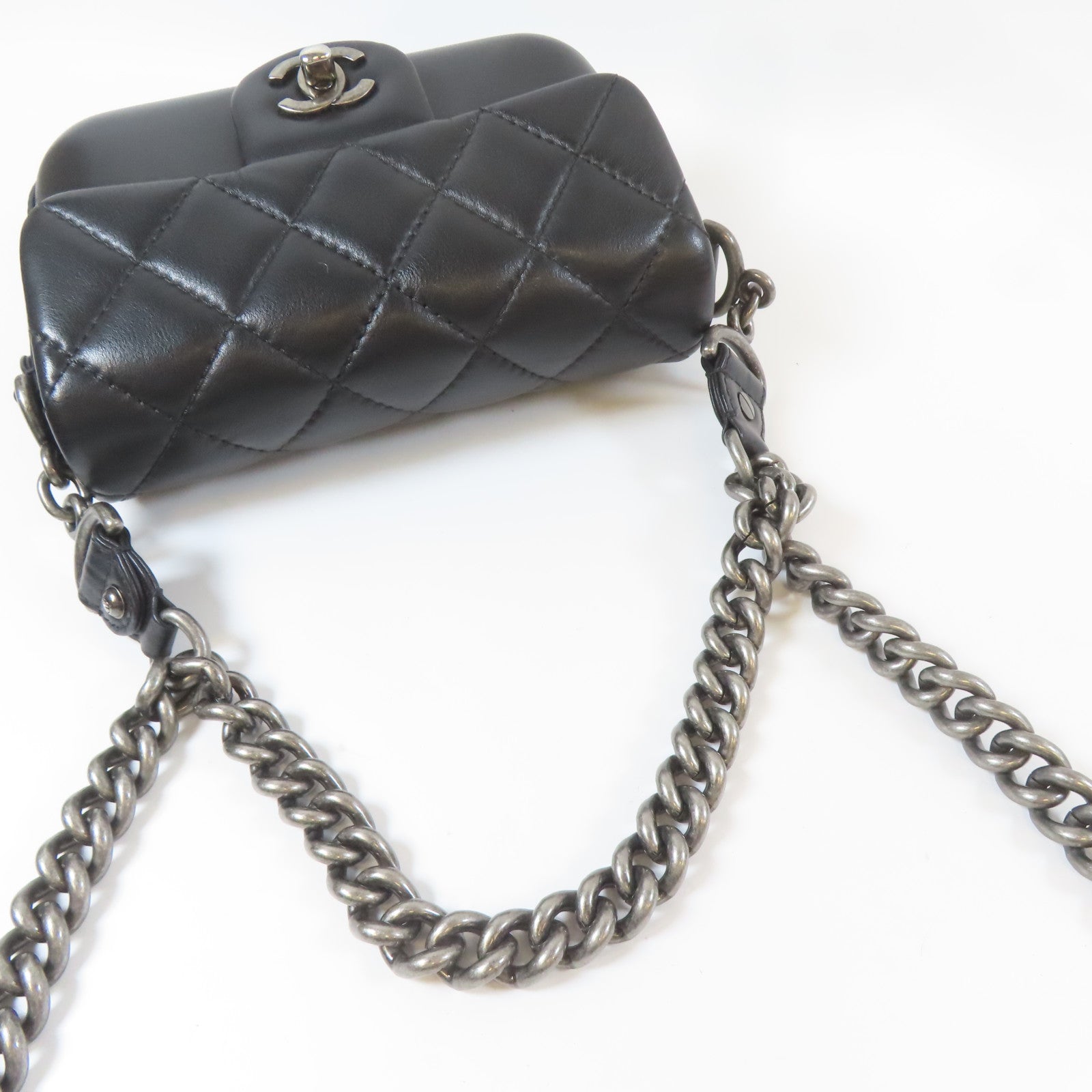 CHANEL 【激減優惠】菱格牛皮皮革2 Way Chain Shoulder Bag銀扣鏈帶手挽肩背兩用袋黑色