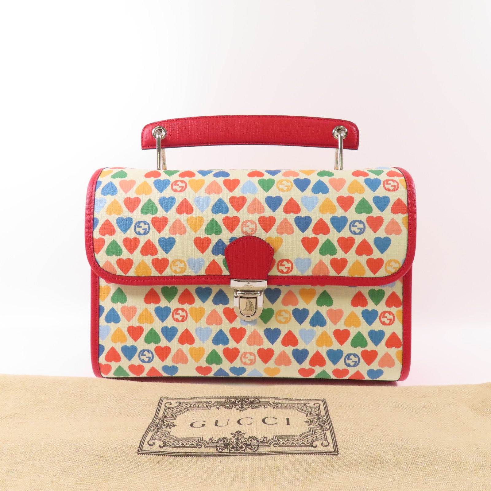 GUCCI 塗層帆布Children Heart Buckle Bag銀扣手挽袋