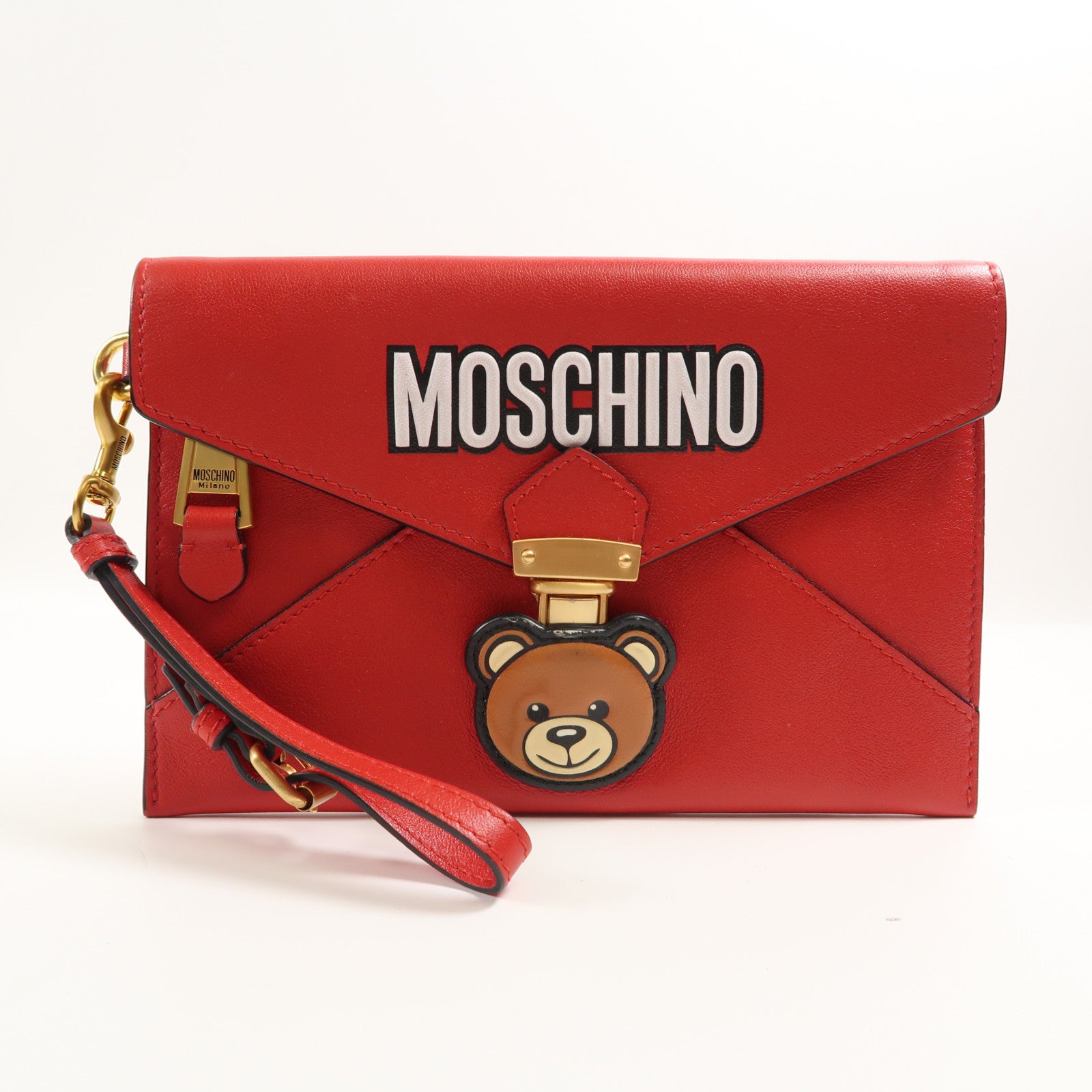 MOSCHINO 【激減優惠】牛皮皮革Pouch金扣手拿包紅色