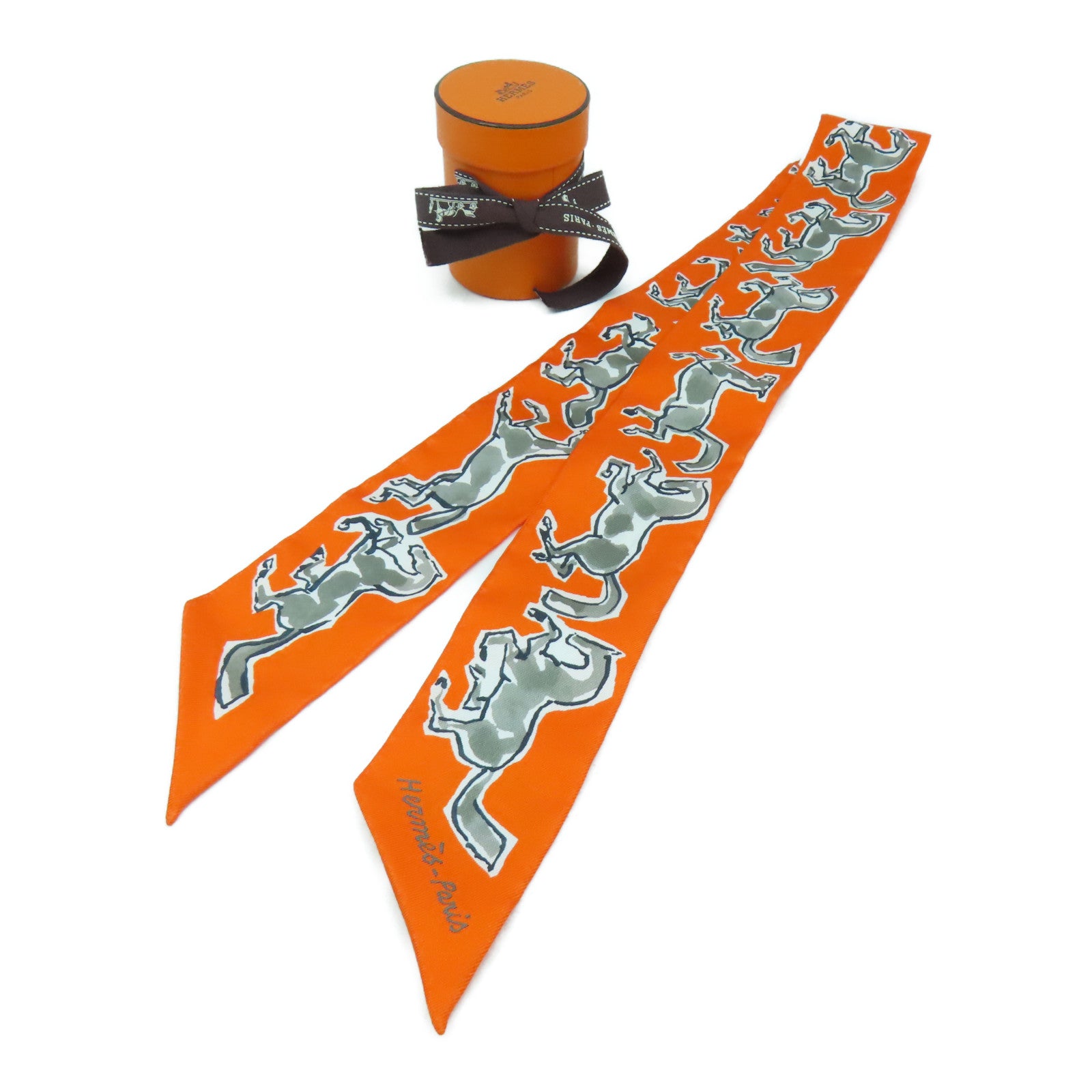HERMES 【激減優惠】絲質Twilly Scarf絲巾橙色/白色