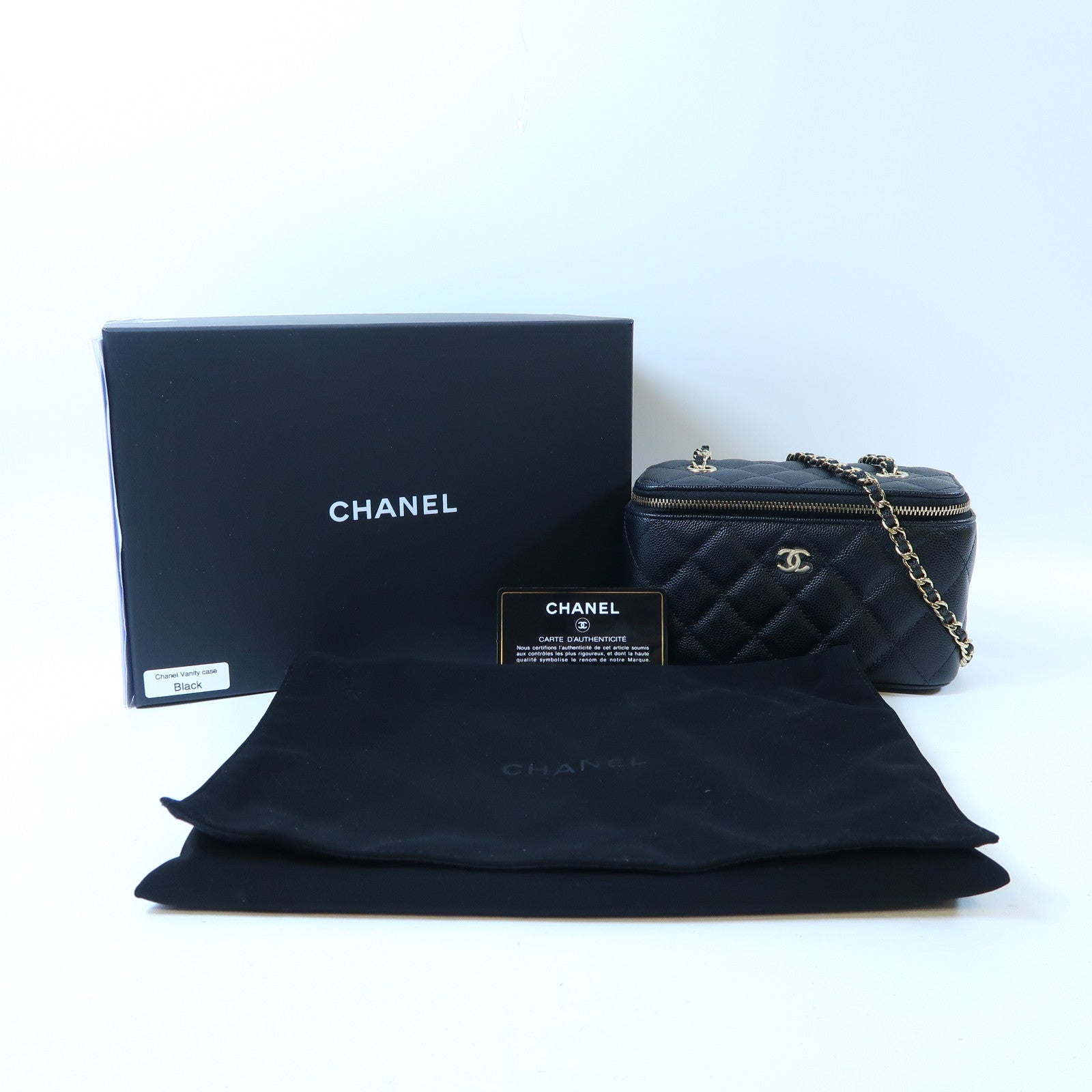 CHANEL 菱格Caviar皮革Vanity Case金扣鏈帶肩背袋黑色