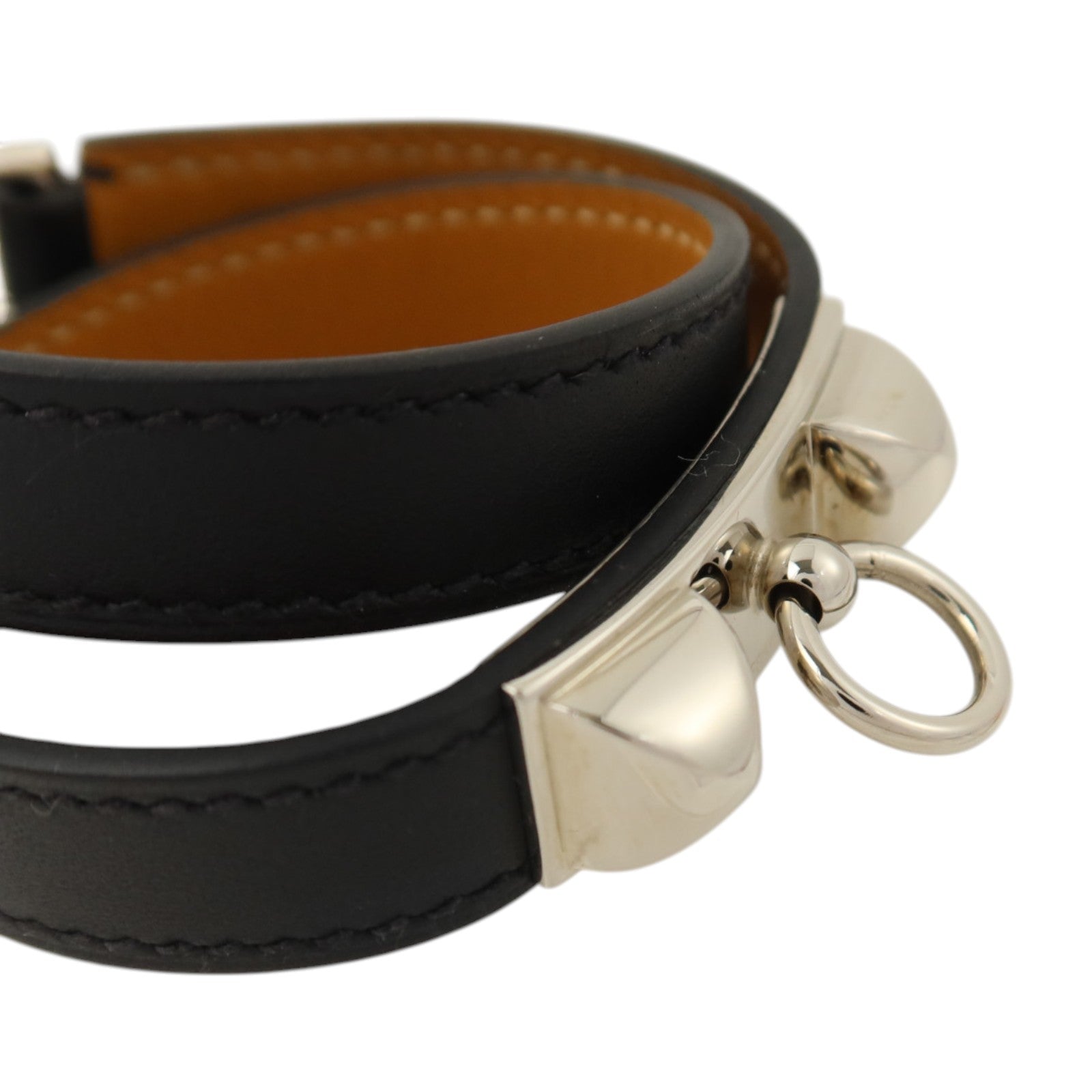 HERMES Swift皮革Rivale Double Tour銀扣手鏈Noir