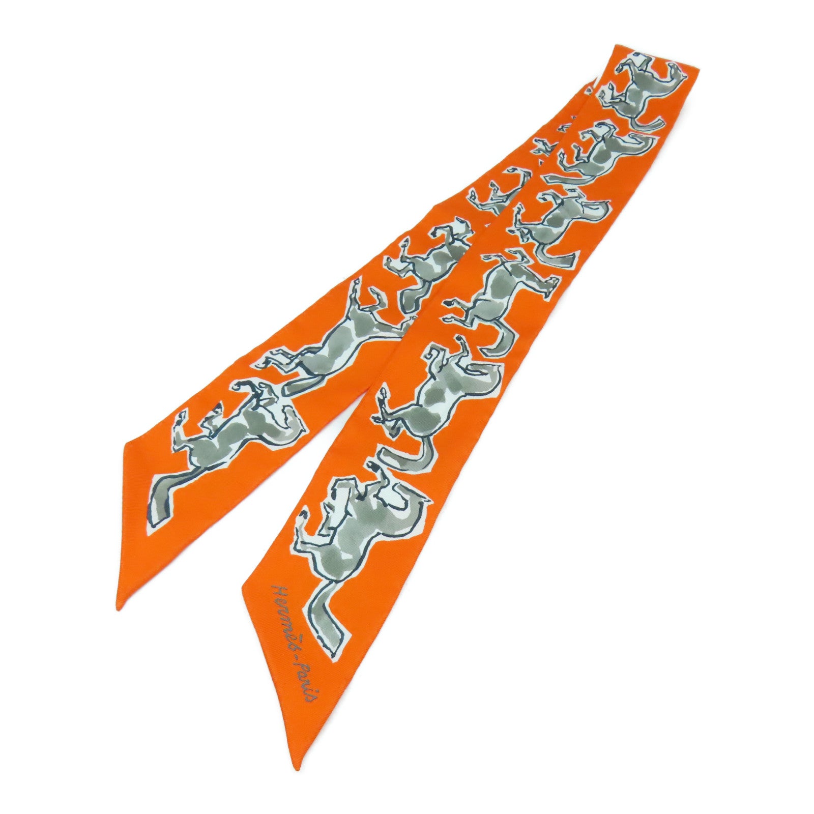 HERMES 【激減優惠】絲質Twilly Scarf絲巾橙色/白色