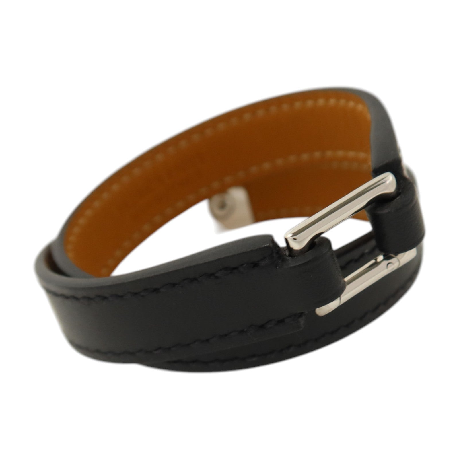 HERMES Swift皮革Rivale Double Tour銀扣手鏈Noir