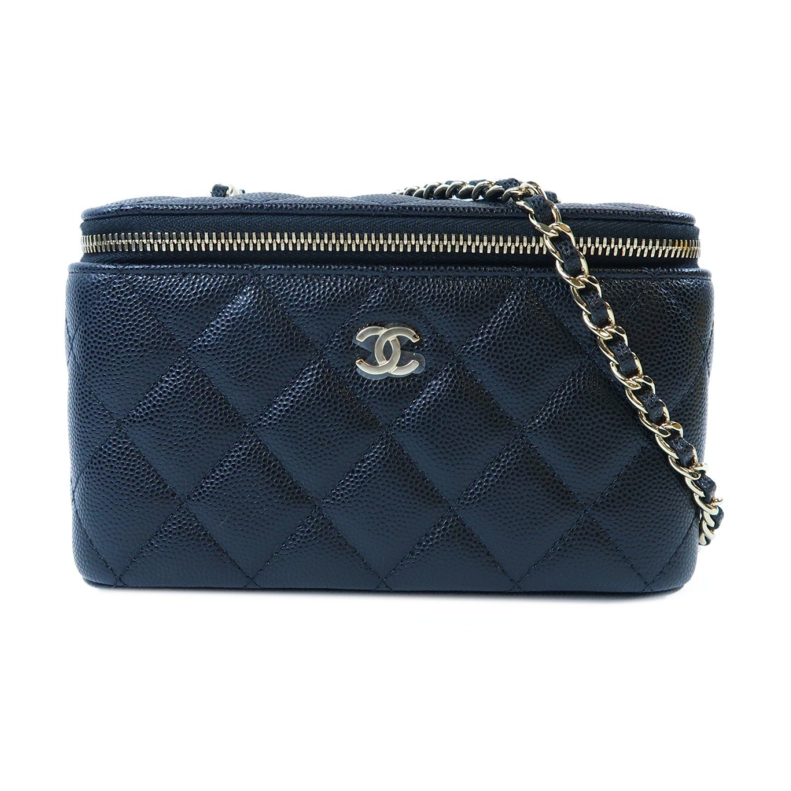 CHANEL 菱格Caviar皮革Vanity Case金扣鏈帶肩背袋黑色