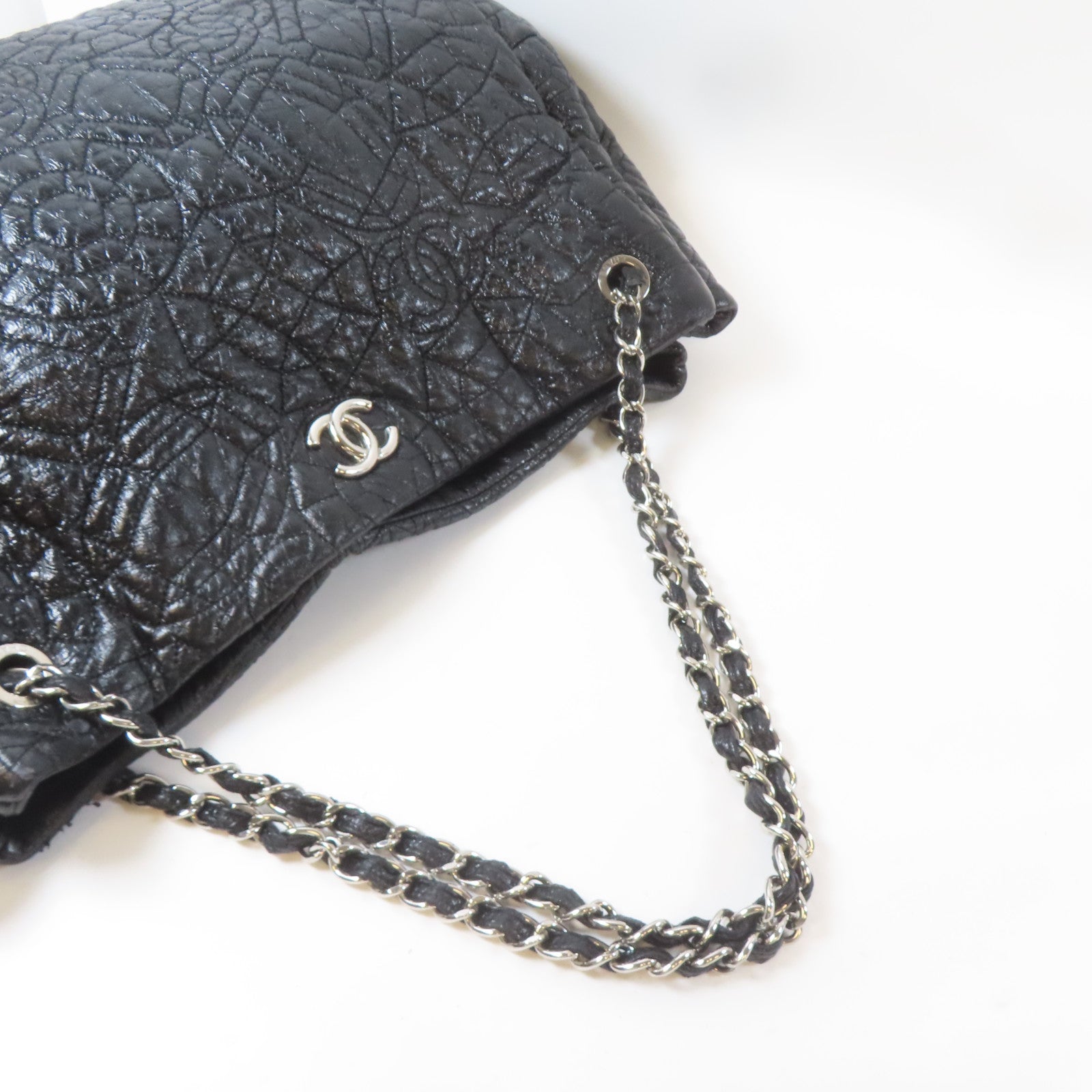 CHANEL 【激減優惠】塗層帆布Chain Shoulder Bag銀扣鏈帶肩背袋黑色