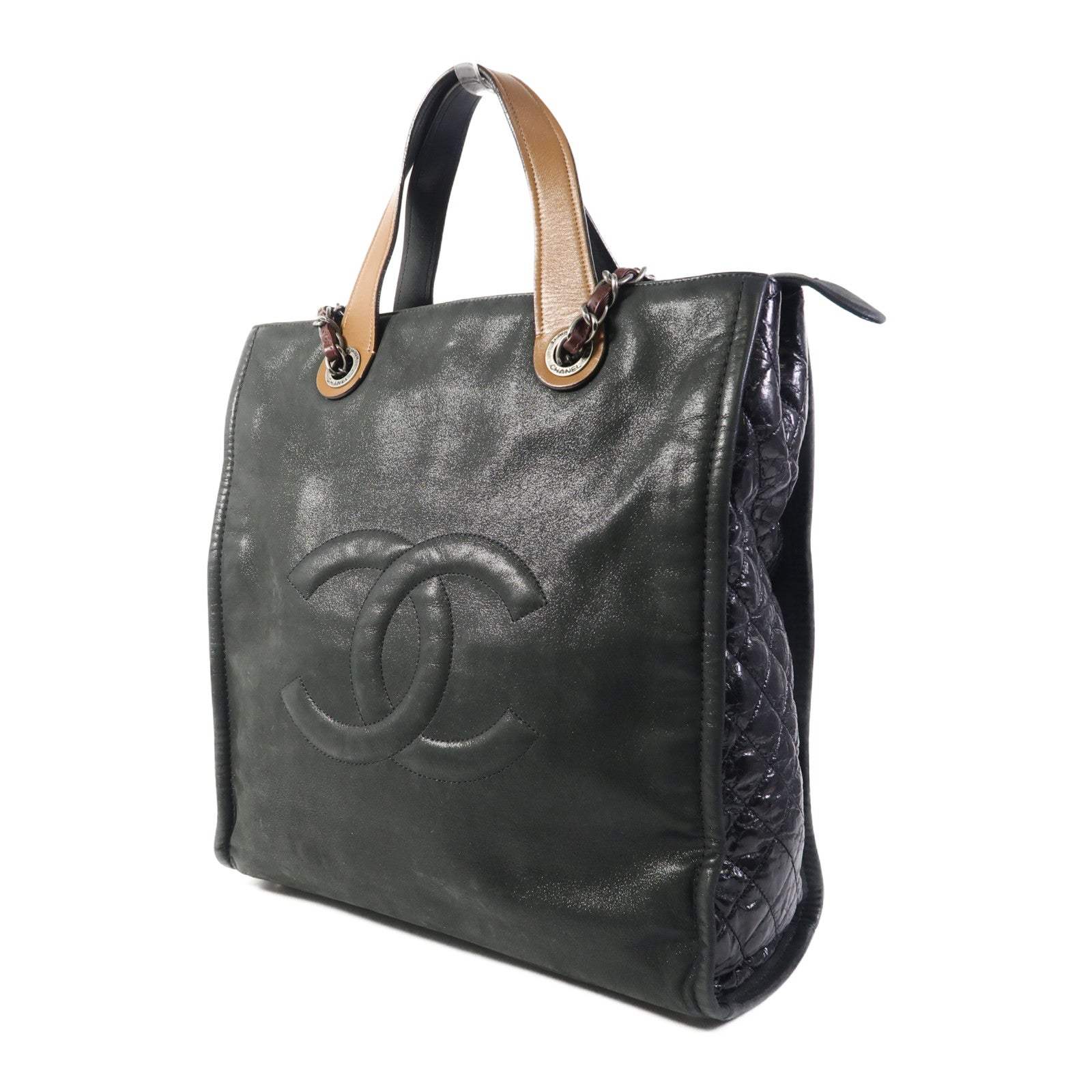 CHANEL 牛皮皮革Totebag銀扣鏈帶手挽肩背兩用袋