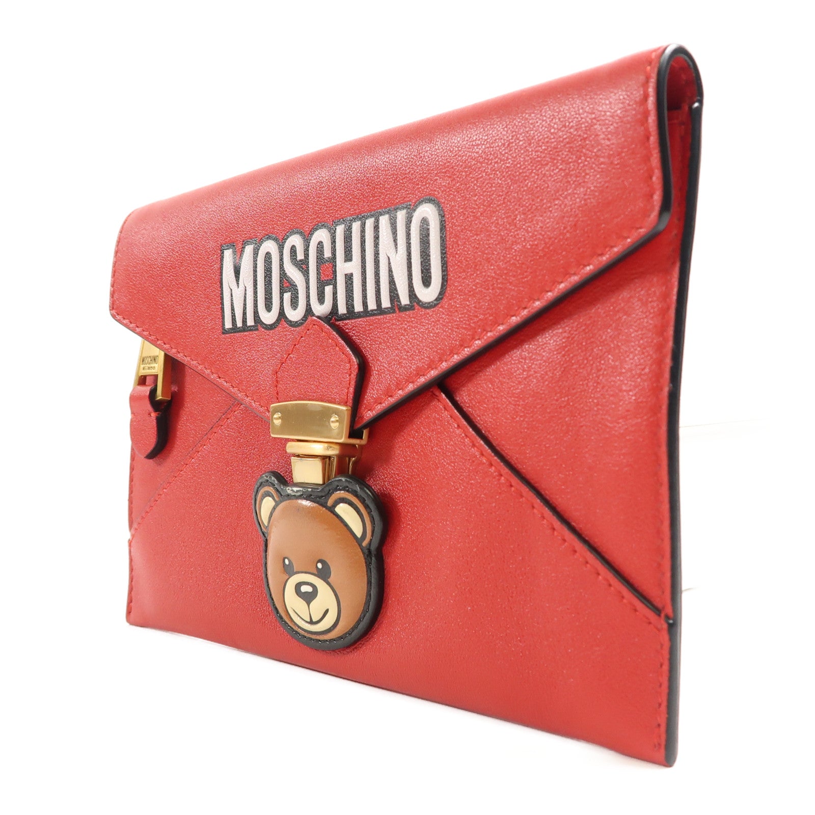 MOSCHINO 【激減優惠】牛皮皮革Pouch金扣手拿包紅色