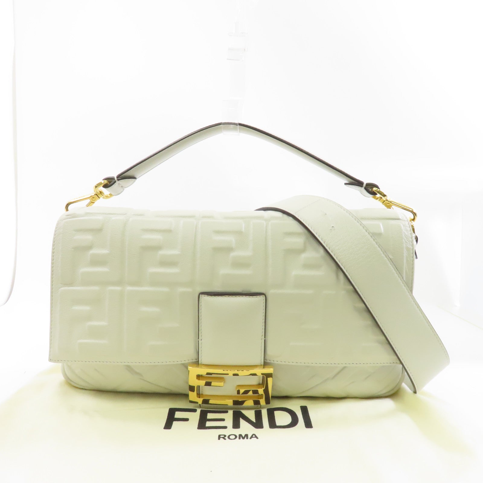 FENDI 牛皮皮革Baguette Bag金扣手挽肩背兩用袋白色