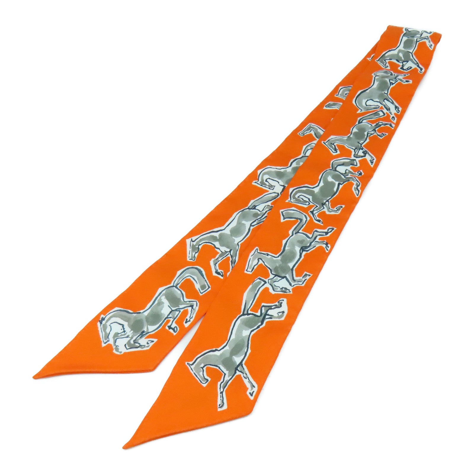 HERMES 【激減優惠】絲質Twilly Scarf絲巾橙色/白色