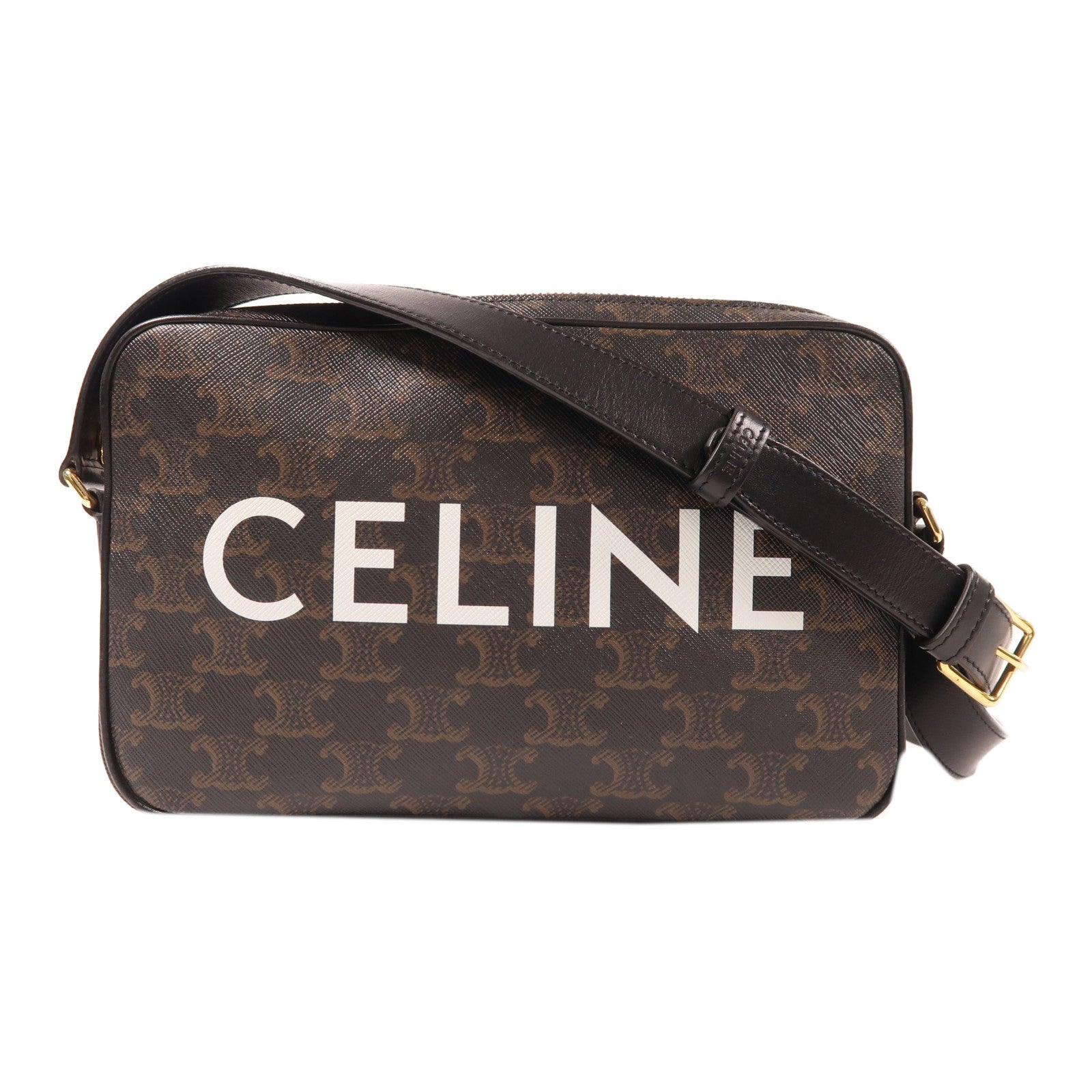 CELINE 塗層帆布Messenger Bag金扣肩背袋深棕色