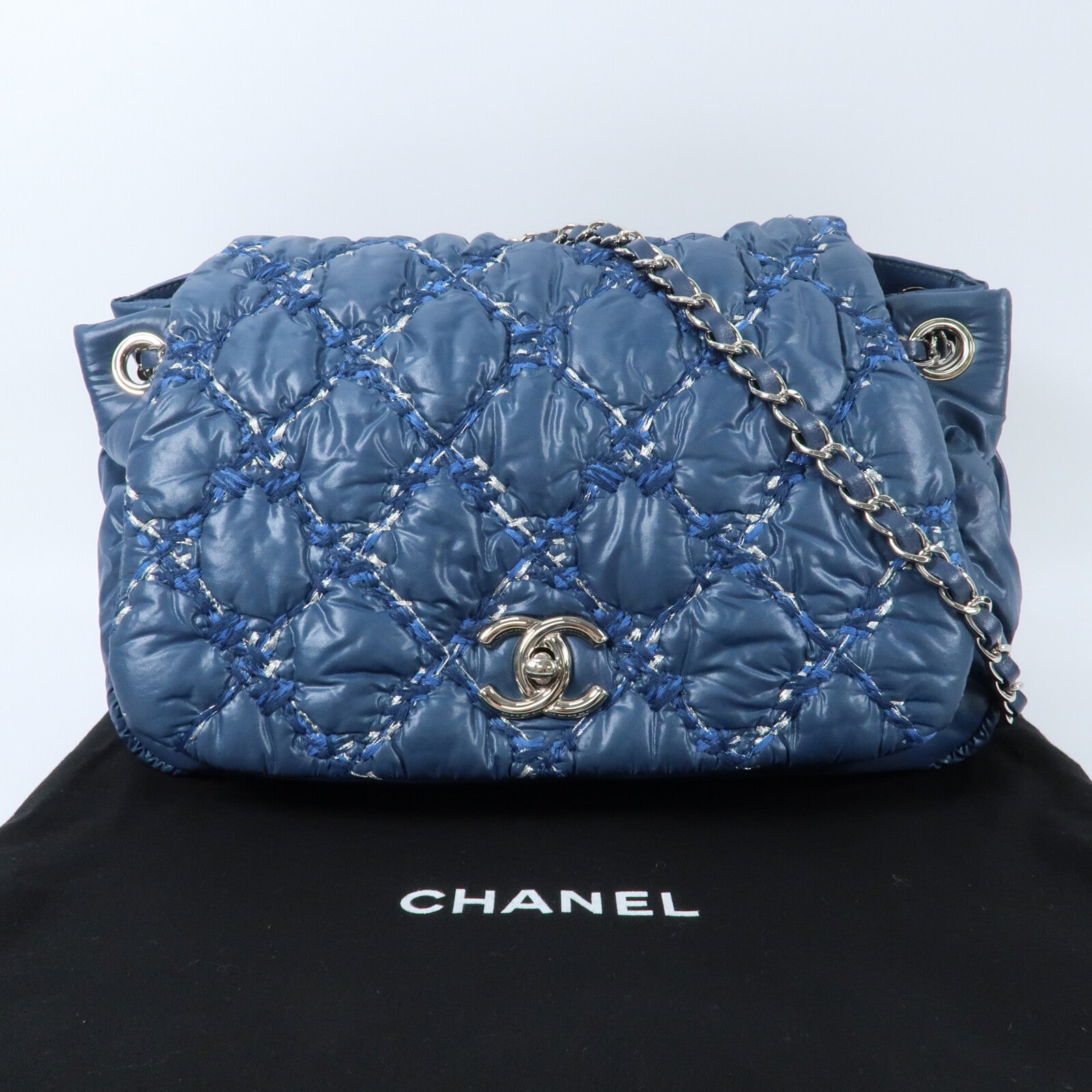 CHANEL 尼龍Chain Shoulder銀扣鏈帶肩背袋