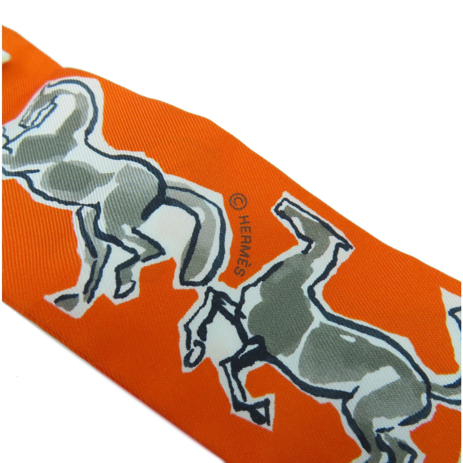 HERMES 【激減優惠】絲質Twilly Scarf絲巾橙色/白色