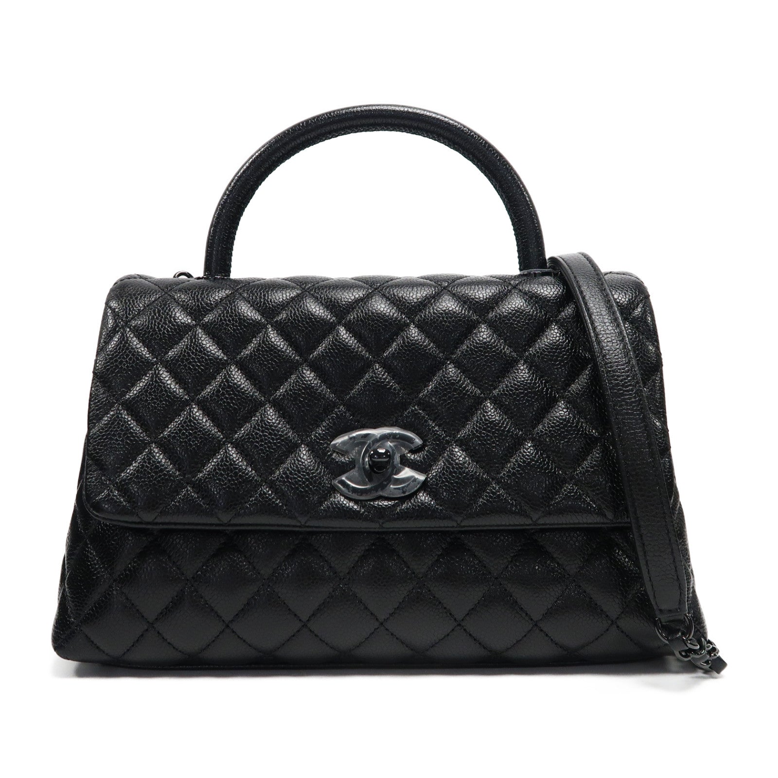 CHANEL 菱格Caviar皮革Coco Handle Medium手挽肩背兩用袋黑色