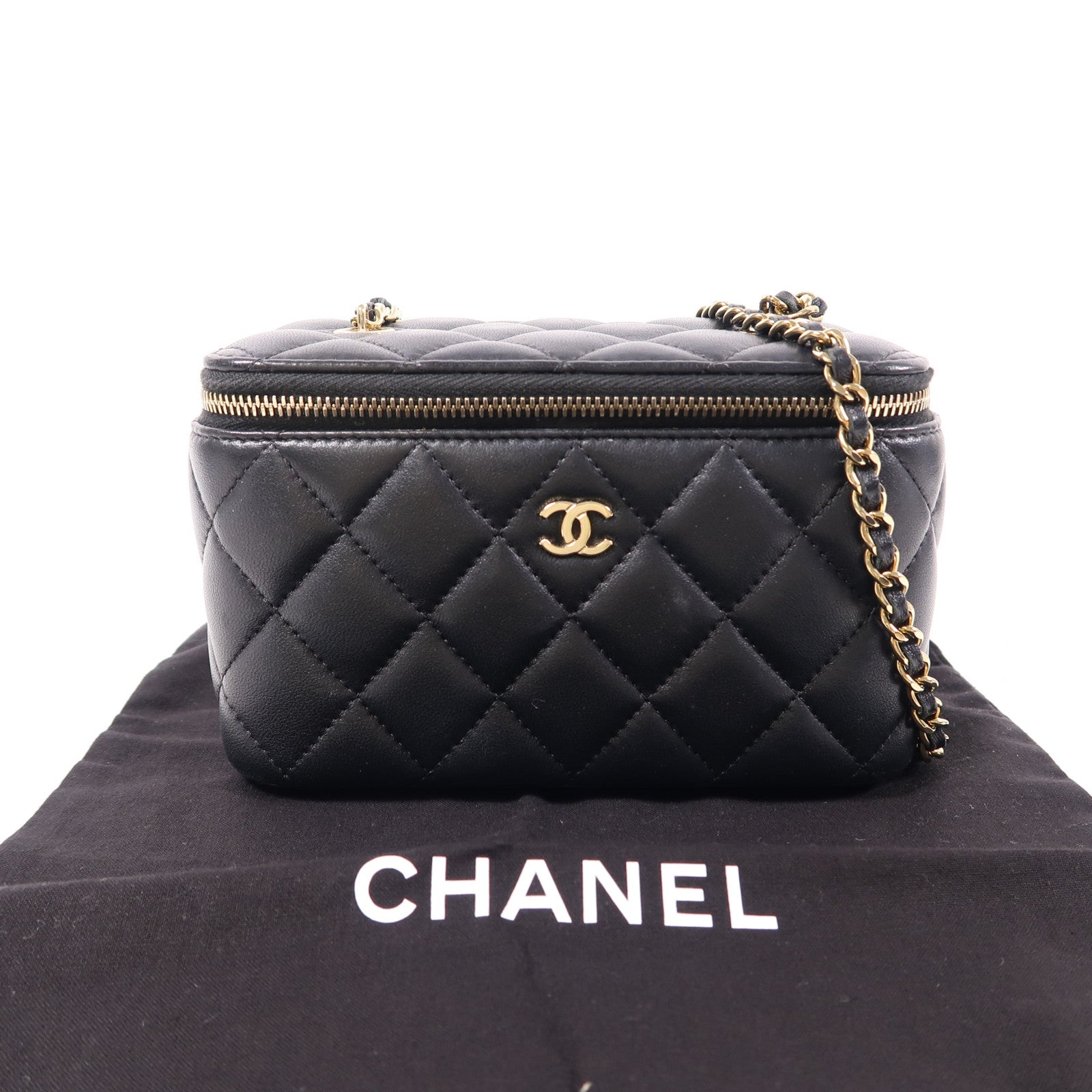 CHANEL 【激減優惠】菱格羊皮皮革Vanity Case金扣鏈帶肩背袋黑色