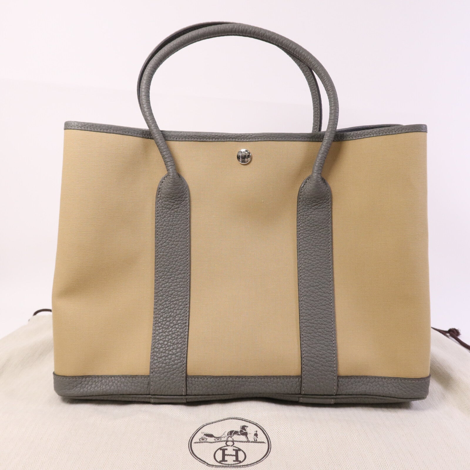 HERMES 帆布Garden Party TPM銀扣手挽袋Beige/Gris Meyer