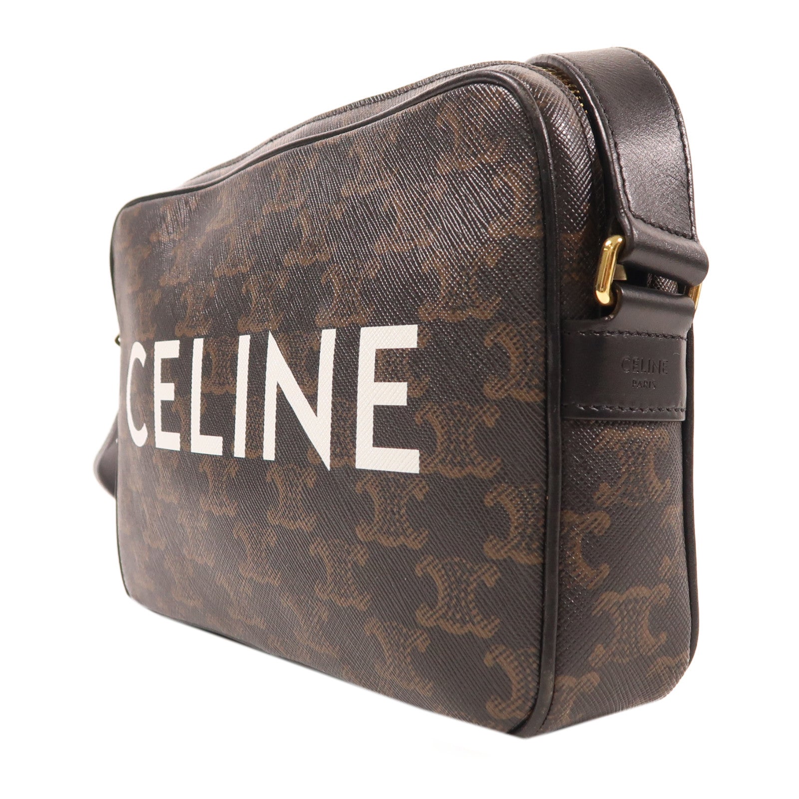 CELINE 塗層帆布Messenger Bag金扣肩背袋深棕色