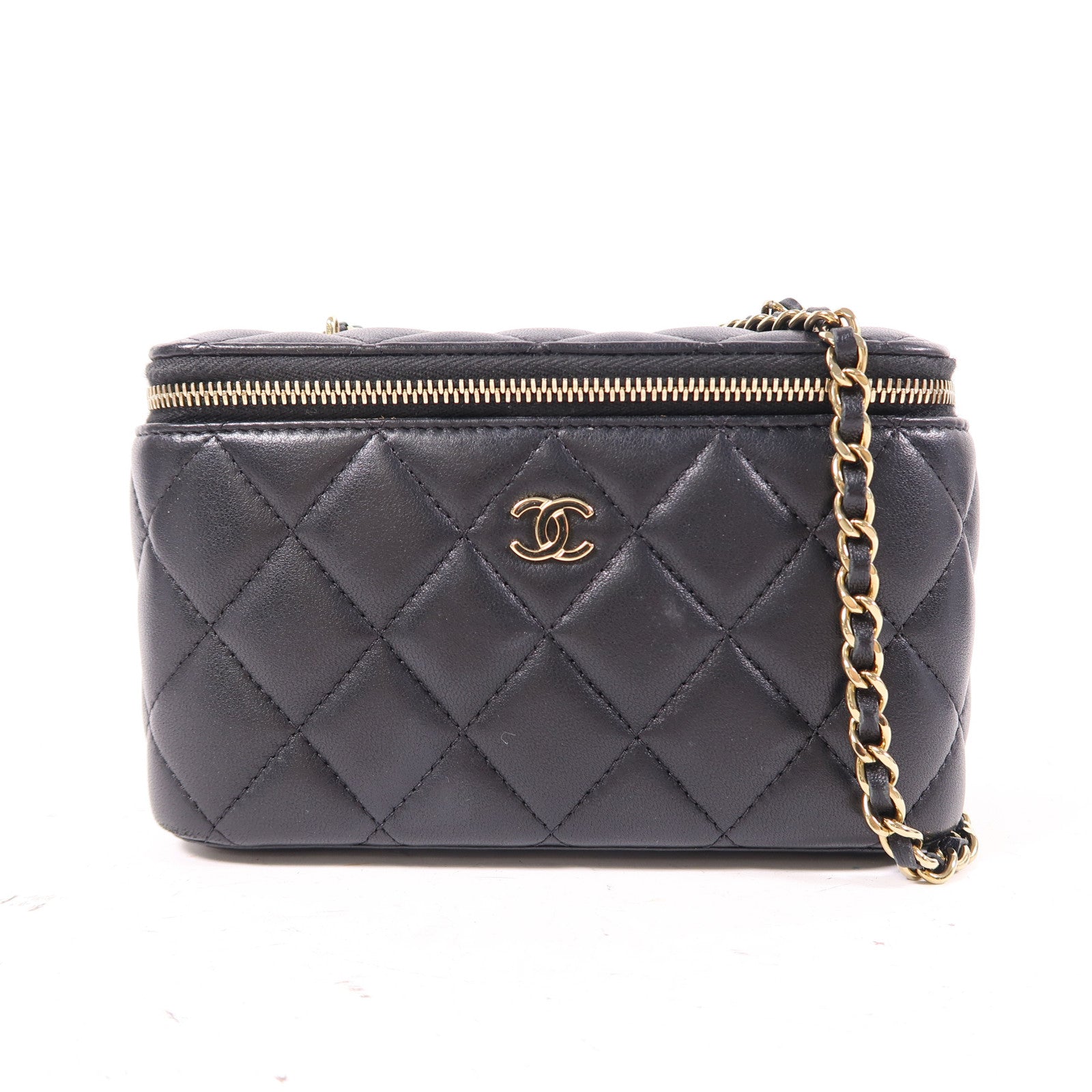 CHANEL 【激減優惠】菱格羊皮皮革Vanity Case金扣鏈帶肩背袋黑色
