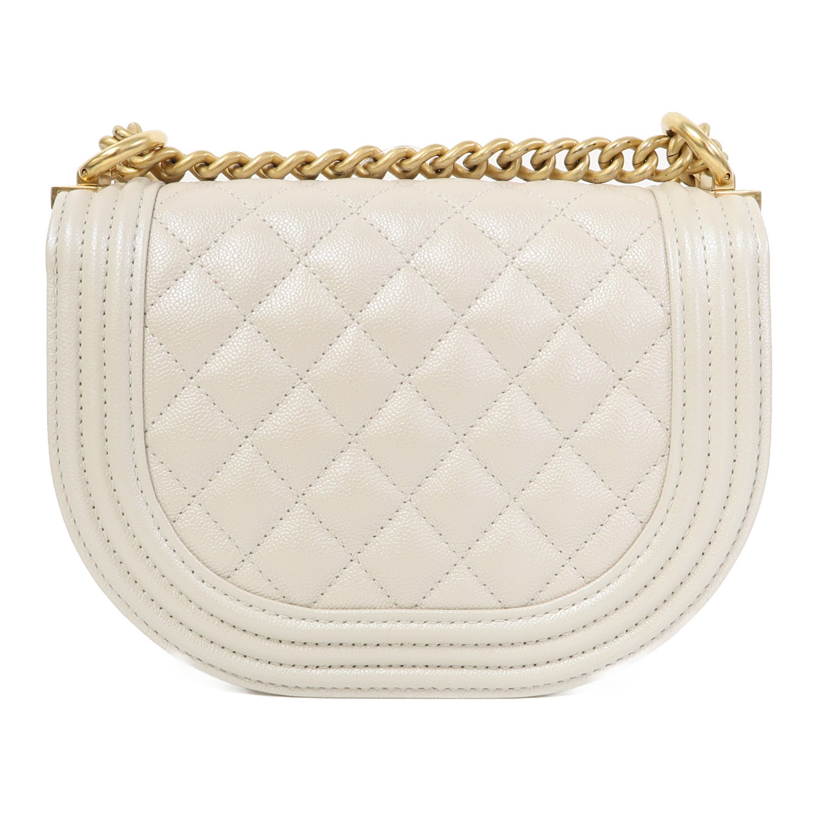 CHANEL 菱格牛皮皮革Boy Messenger金扣鏈帶肩背袋米色