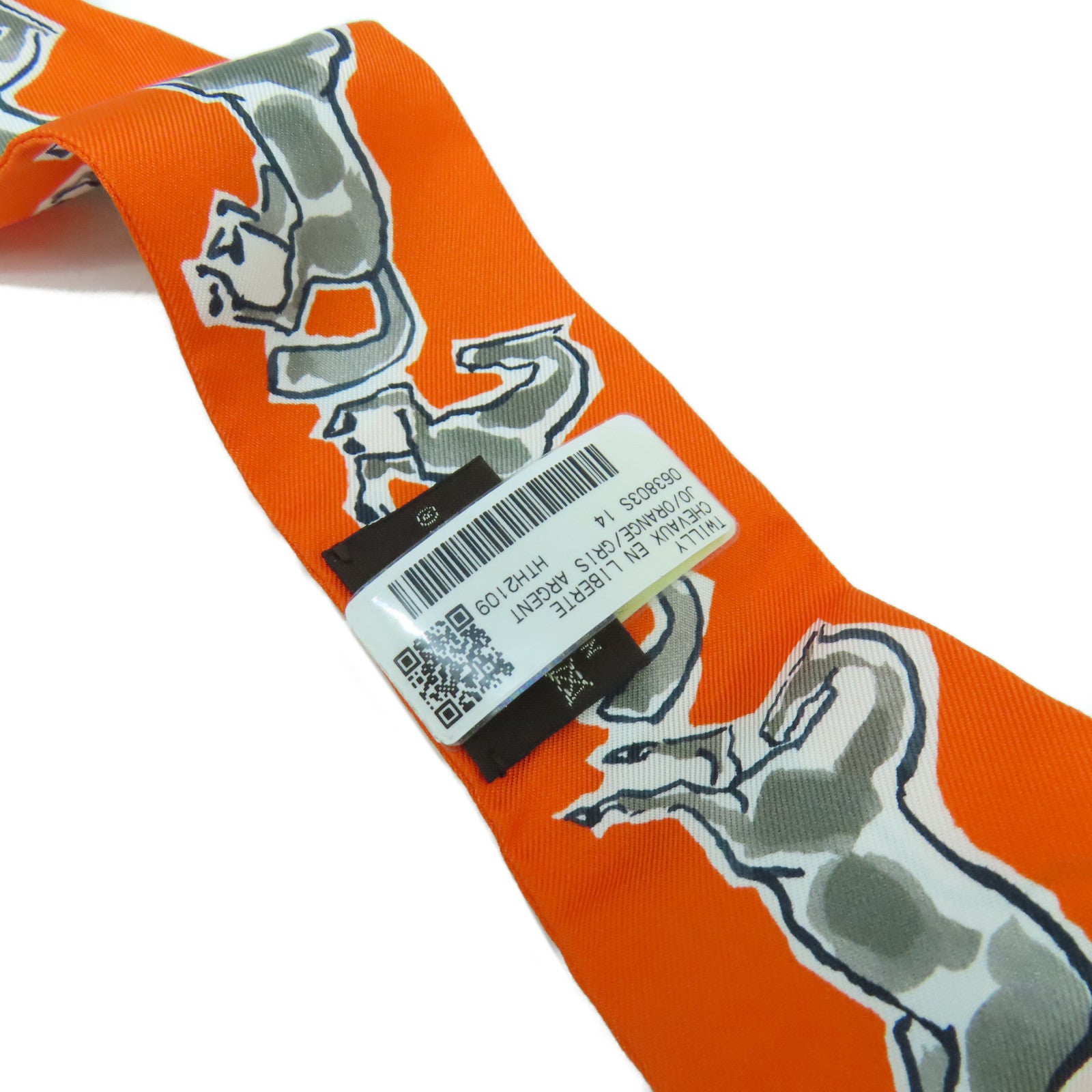 HERMES 【激減優惠】絲質Twilly Scarf絲巾橙色/白色
