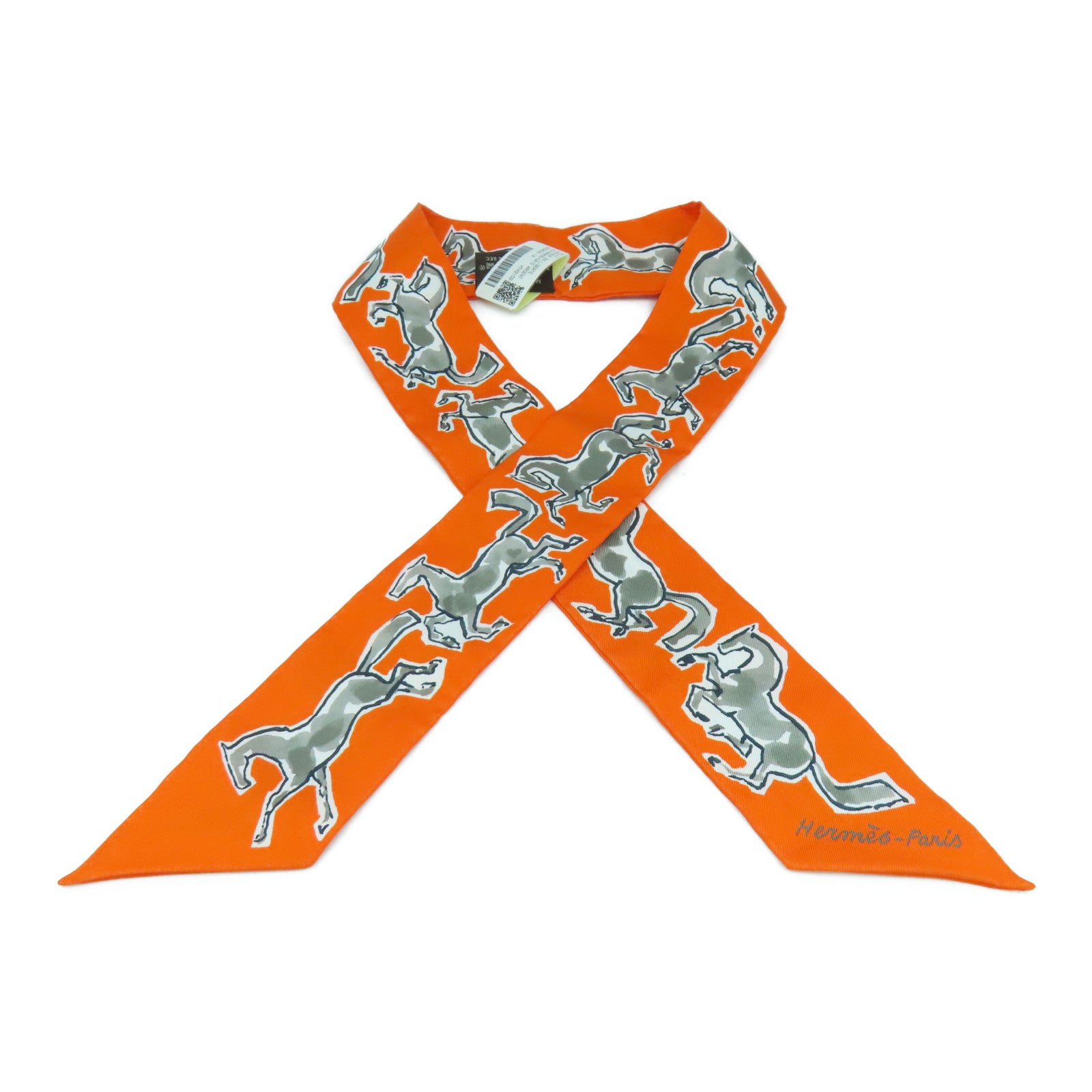 HERMES 【激減優惠】絲質Twilly Scarf絲巾橙色/白色