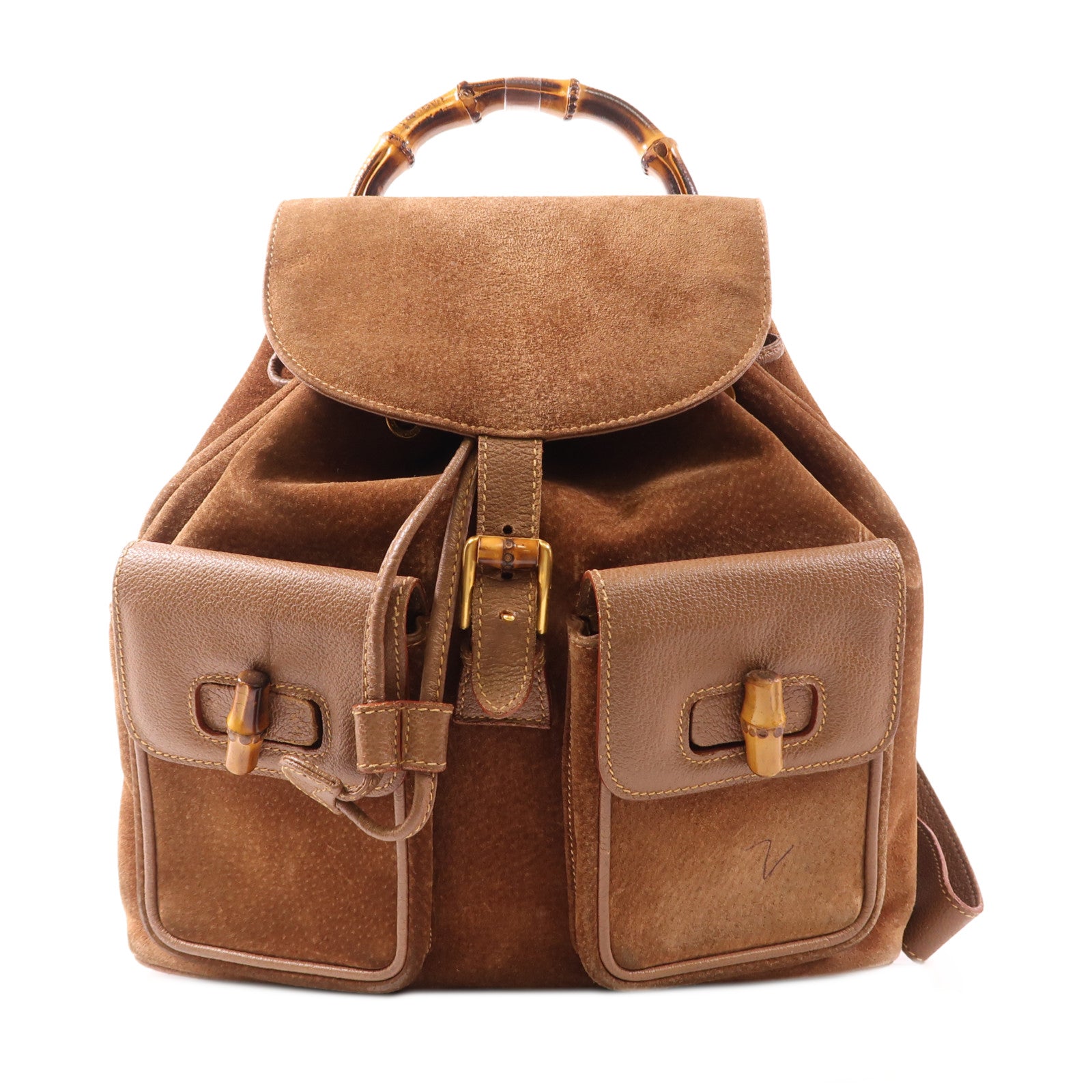 GUCCI 麂皮皮革Bamboo Backpack金扣背包