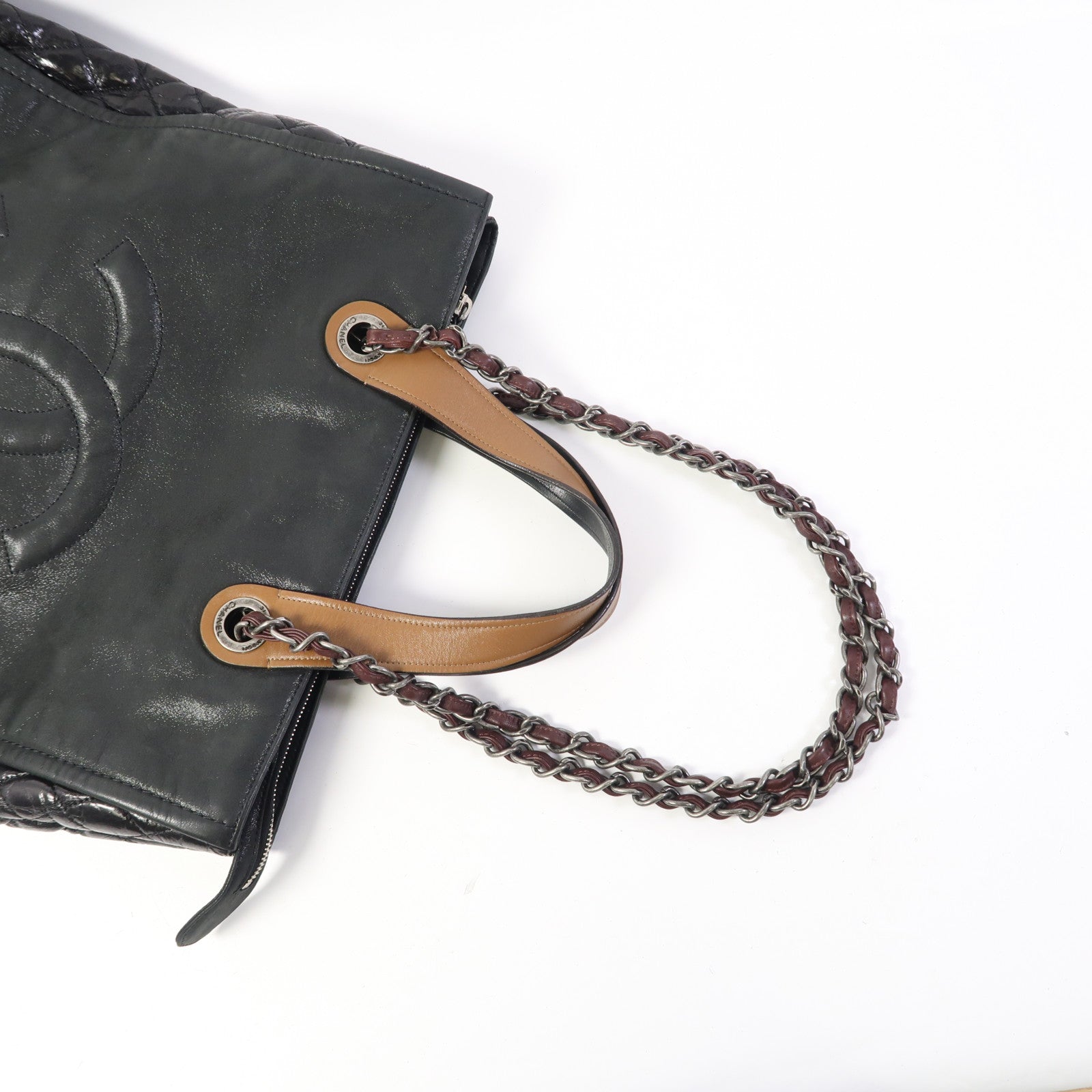 CHANEL 牛皮皮革Totebag銀扣鏈帶手挽肩背兩用袋