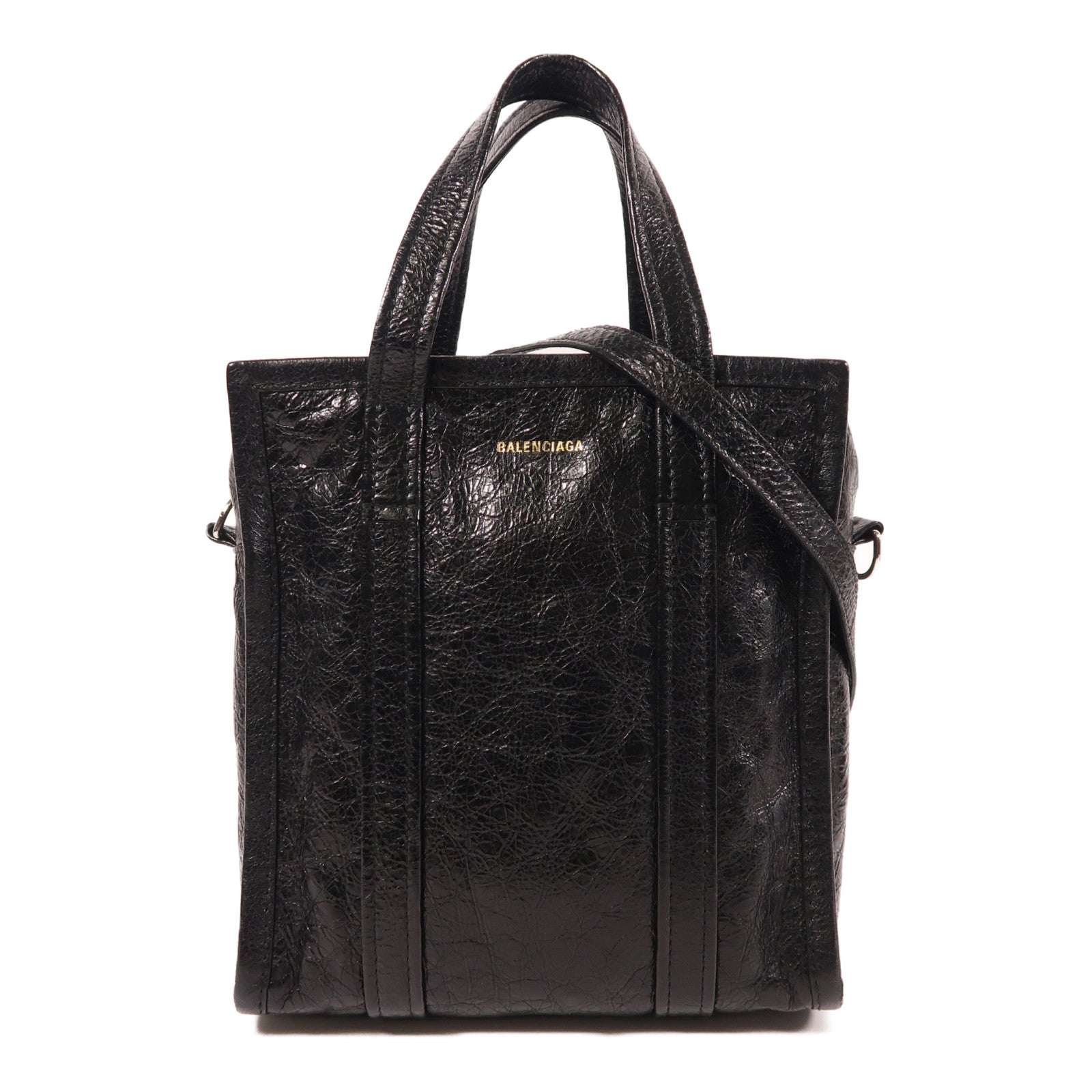 BALENCIAGA 牛皮皮革Bazar銀扣手挽肩背兩用袋黑色