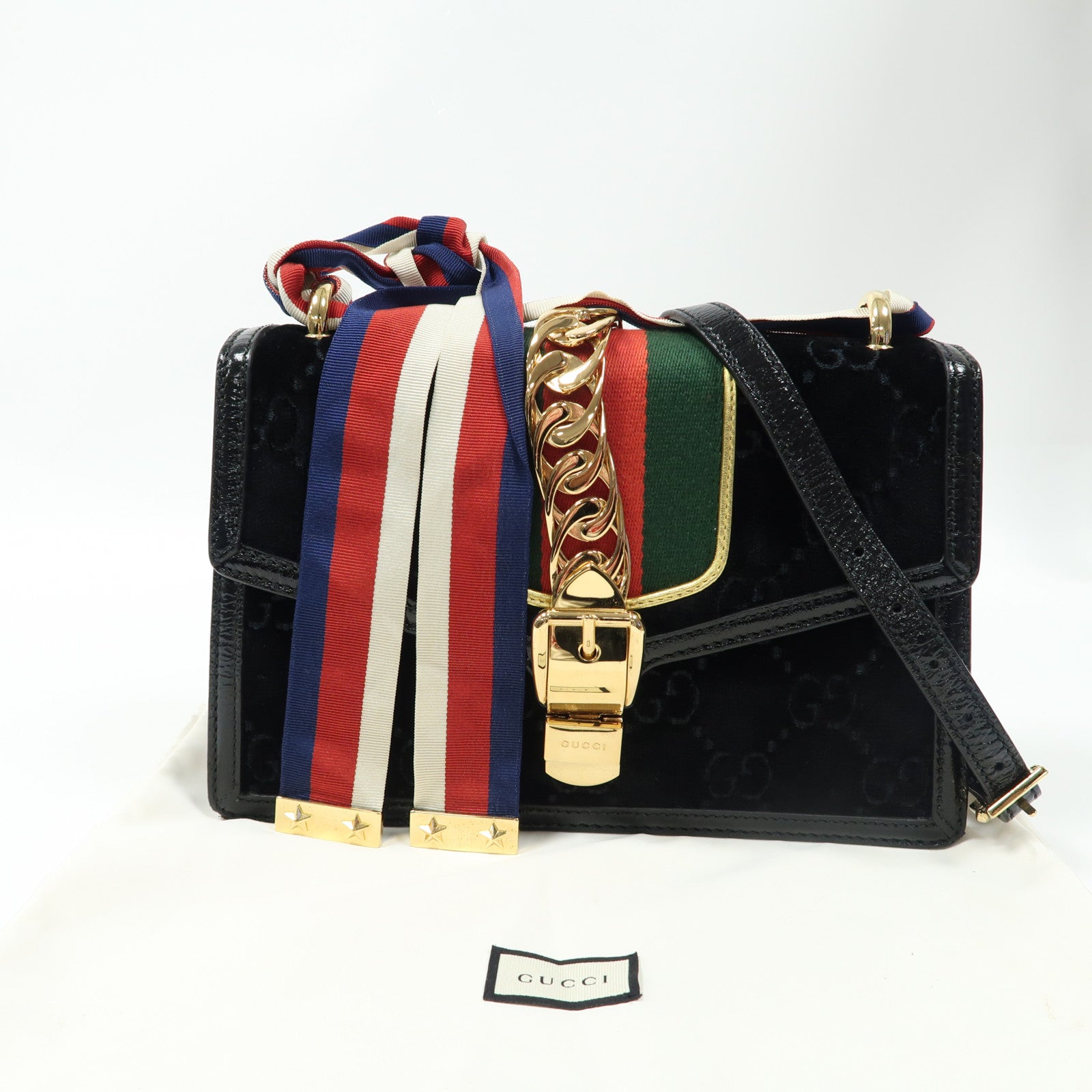 GUCCI 麂皮皮革/漆皮皮革Sylvie Sherry Line金扣肩背袋黑色