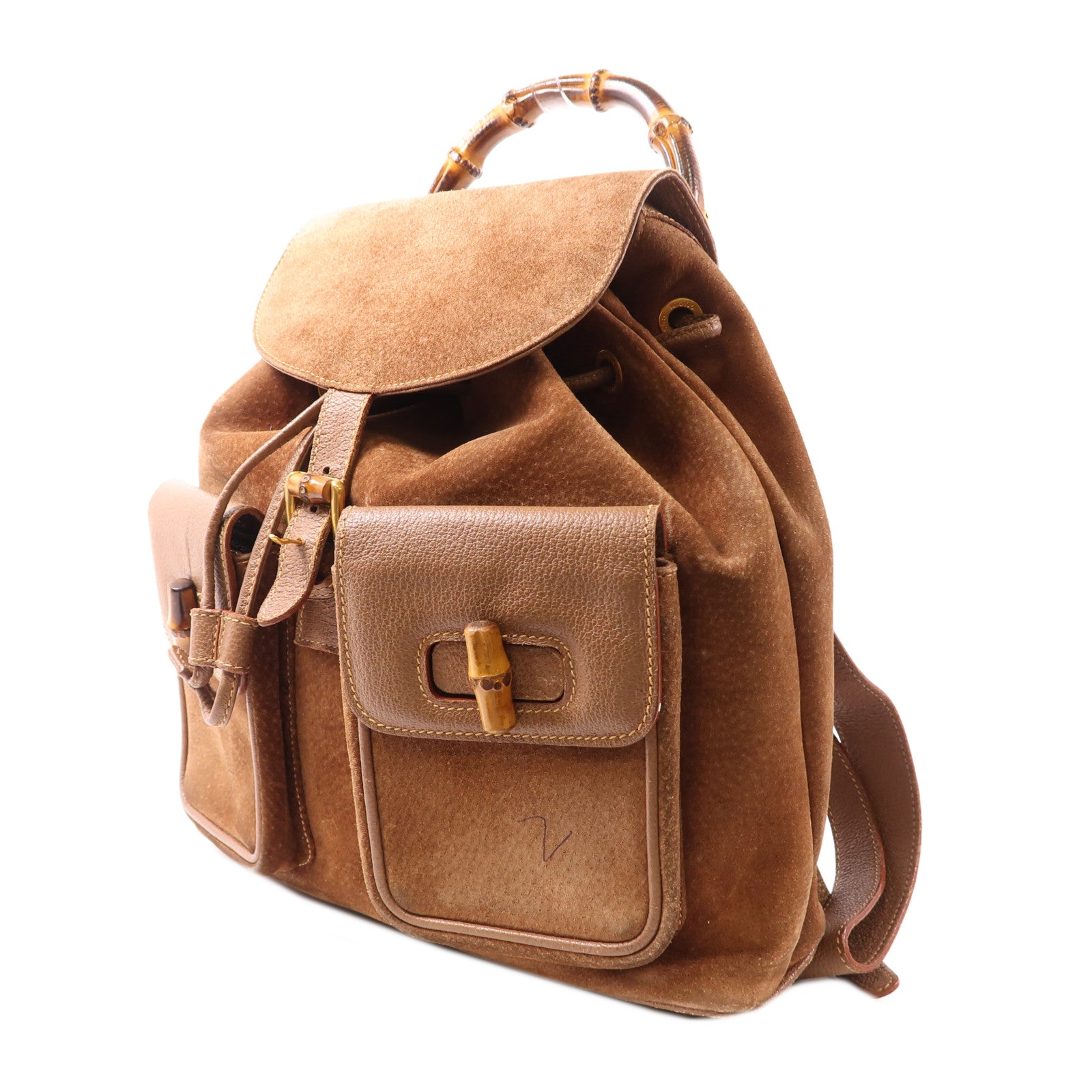 GUCCI 麂皮皮革Bamboo Backpack金扣背包