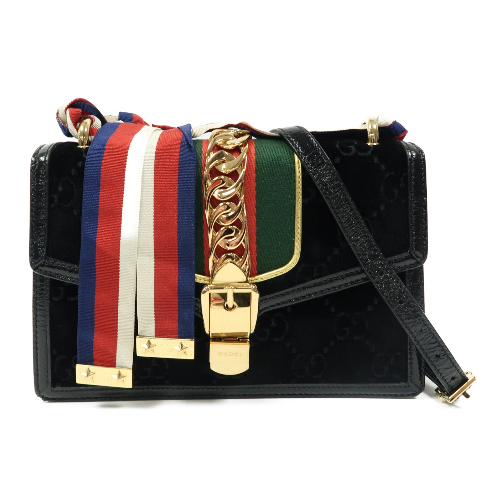 GUCCI 麂皮皮革/漆皮皮革Sylvie Sherry Line金扣肩背袋黑色