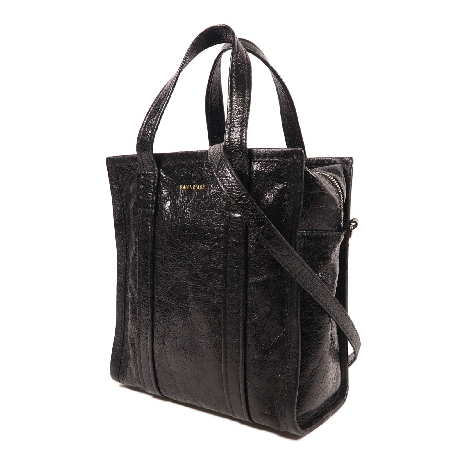 BALENCIAGA 牛皮皮革Bazar銀扣手挽肩背兩用袋黑色